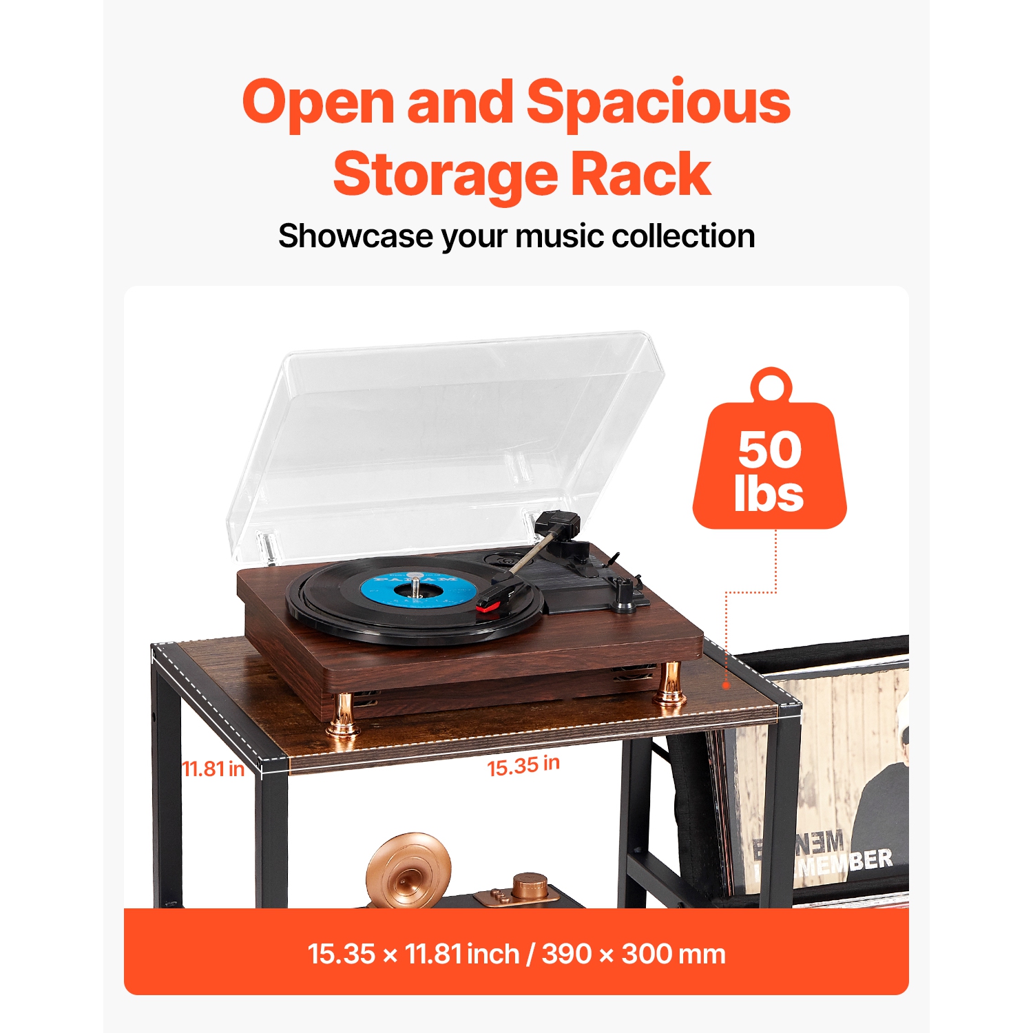 VEVOR Record Player Stand with Charging Station & USB Ports, Holds up to 200 Albums, 3-Tier Turntable Stand with Vinyl Record Storage, Record Player