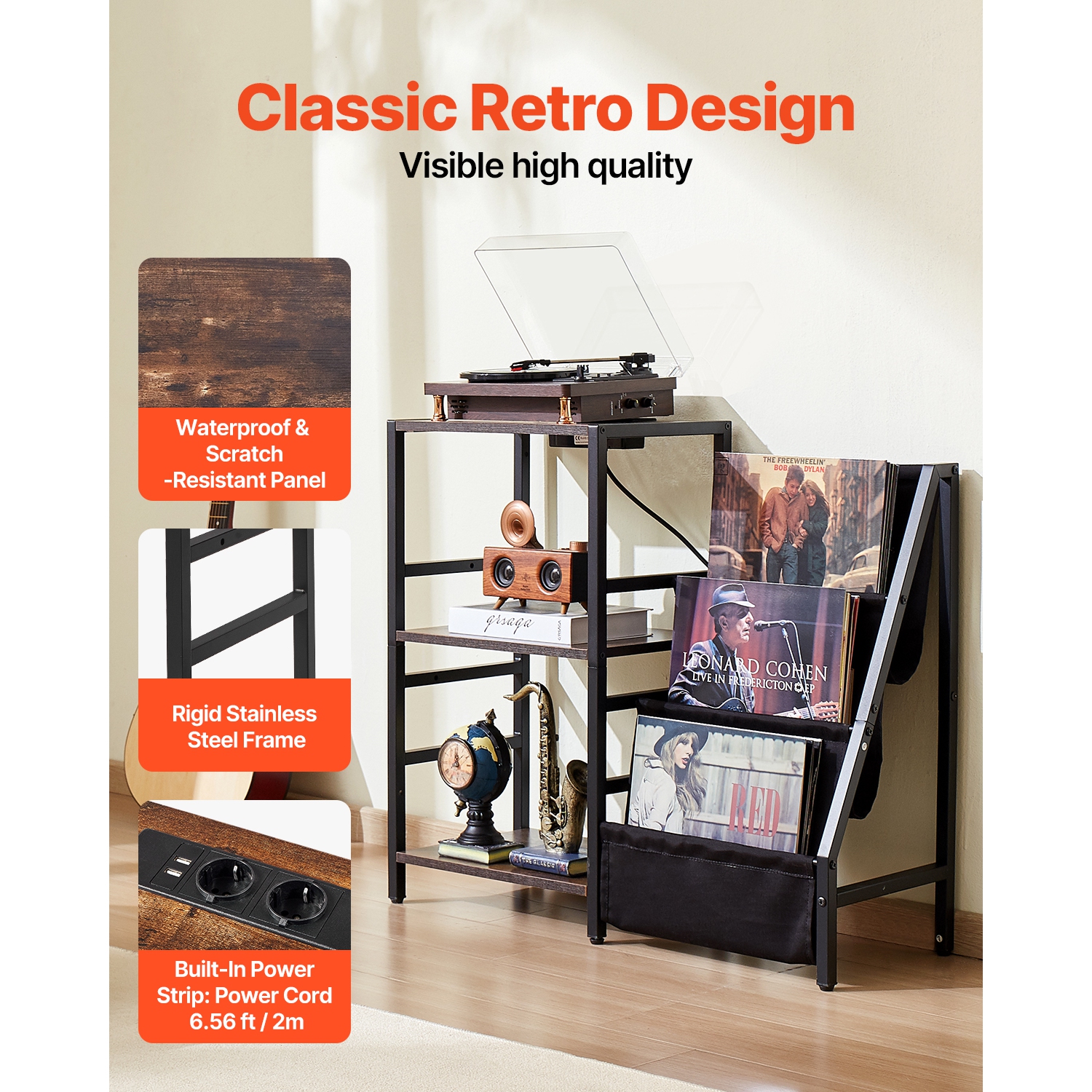 VEVOR Record Player Stand with Charging Station & USB Ports, Holds up to 200 Albums, 3-Tier Turntable Stand with Vinyl Record Storage, Record Player