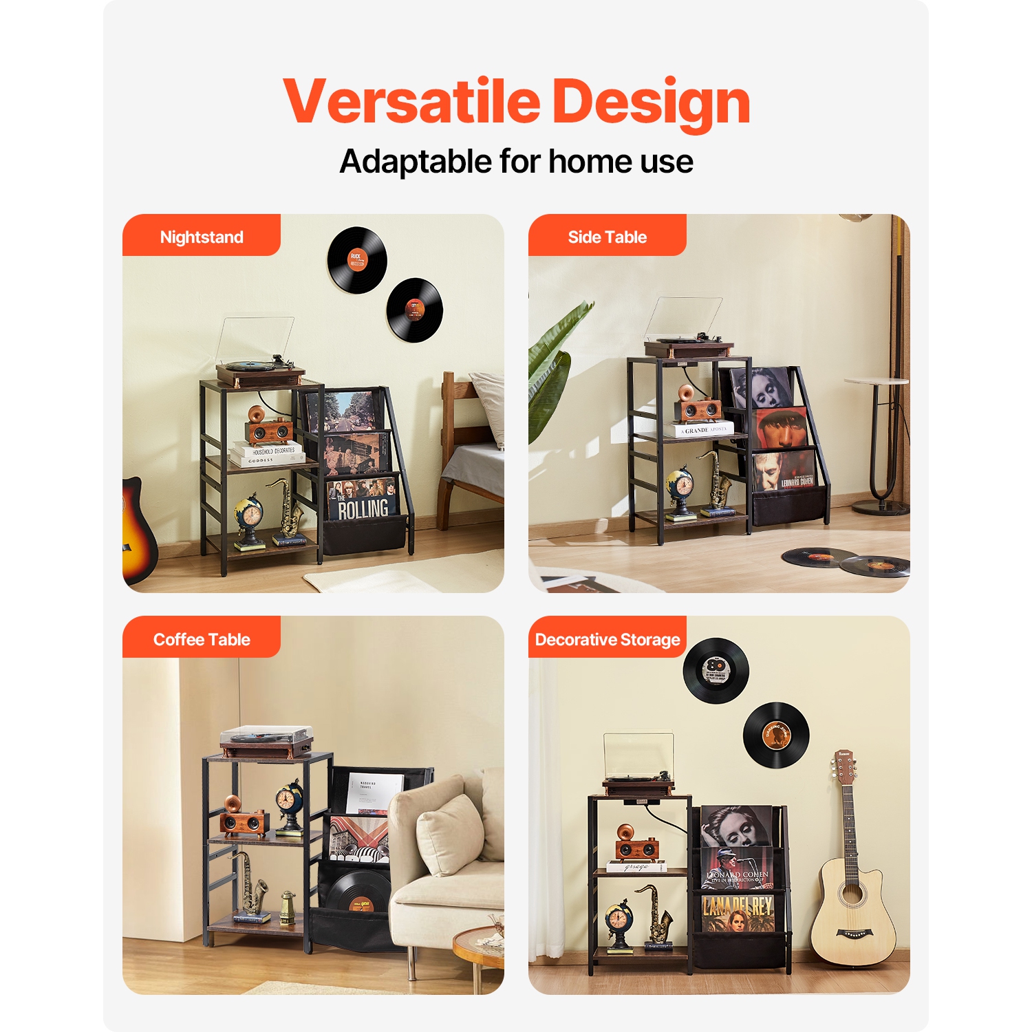 VEVOR Record Player Stand with Charging Station & USB Ports, Holds up to 200 Albums, 3-Tier Turntable Stand with Vinyl Record Storage, Record Player