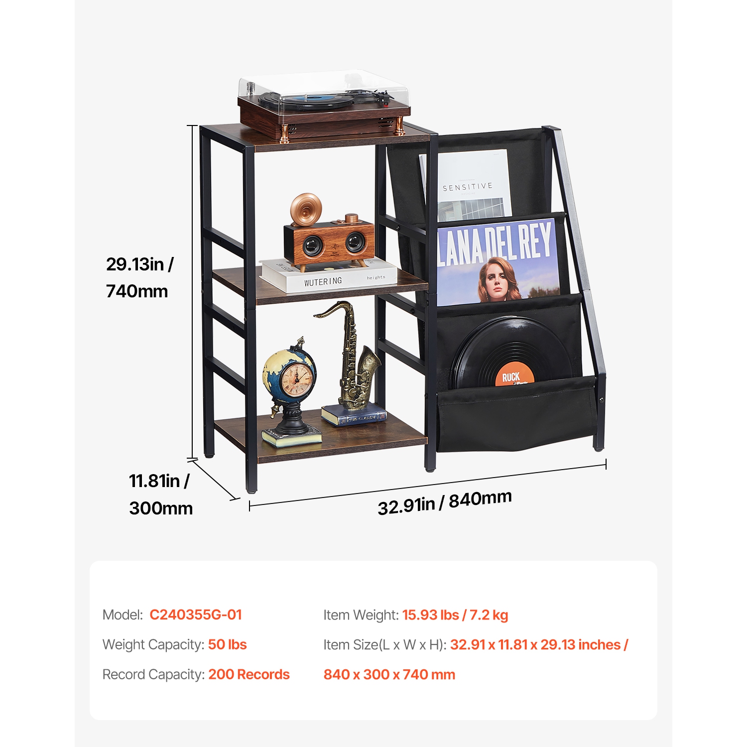 VEVOR Record Player Stand with Charging Station & USB Ports, Holds up to 200 Albums, 3-Tier Turntable Stand with Vinyl Record Storage, Record Player