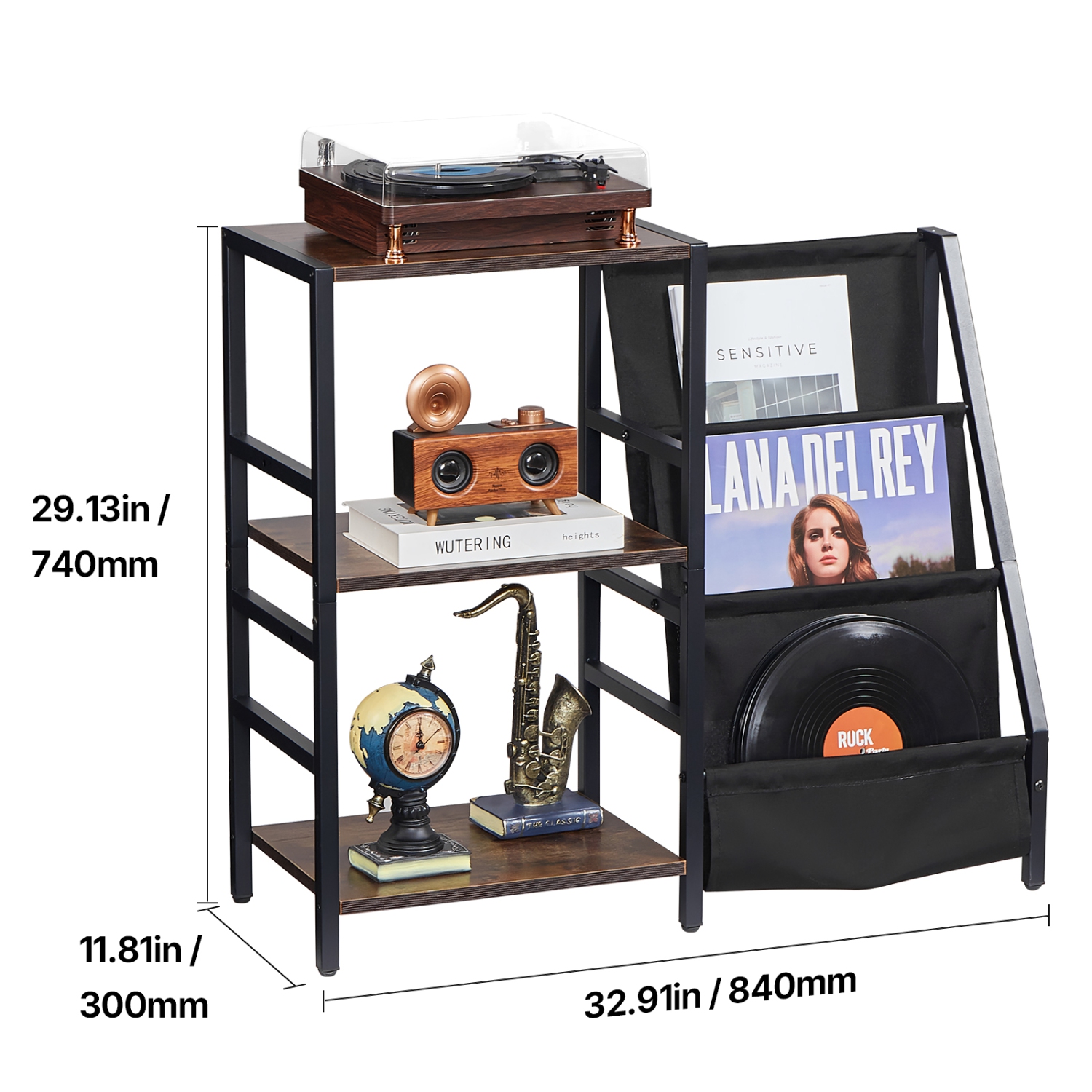 VEVOR Record Player Stand with Charging Station & USB Ports, Holds up to 200 Albums, 3-Tier Turntable Stand with Vinyl Record Storage, Record Player