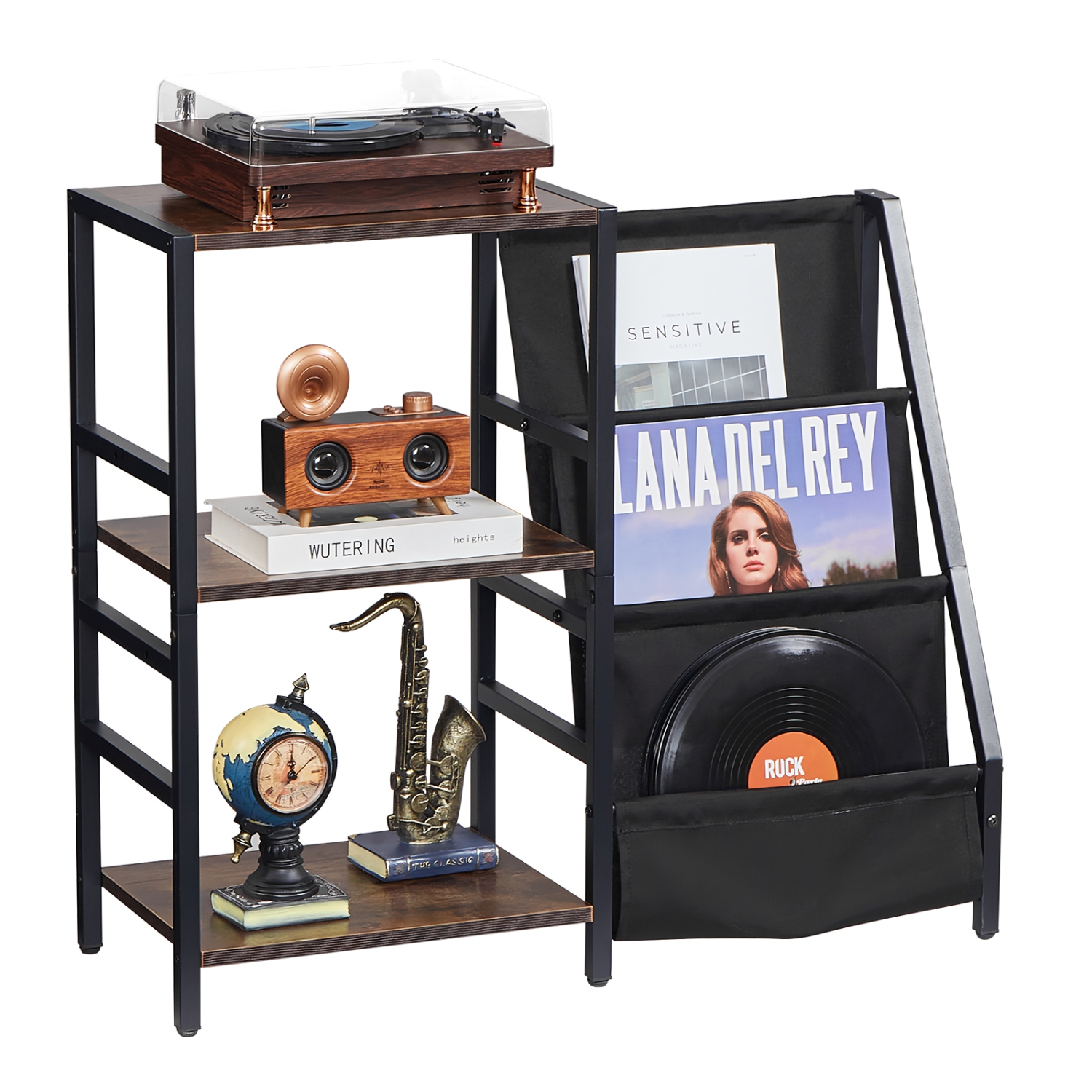 VEVOR Record Player Stand with Charging Station & USB Ports, Holds up to 200 Albums, 3-Tier Turntable Stand with Vinyl Record Storage, Record Player