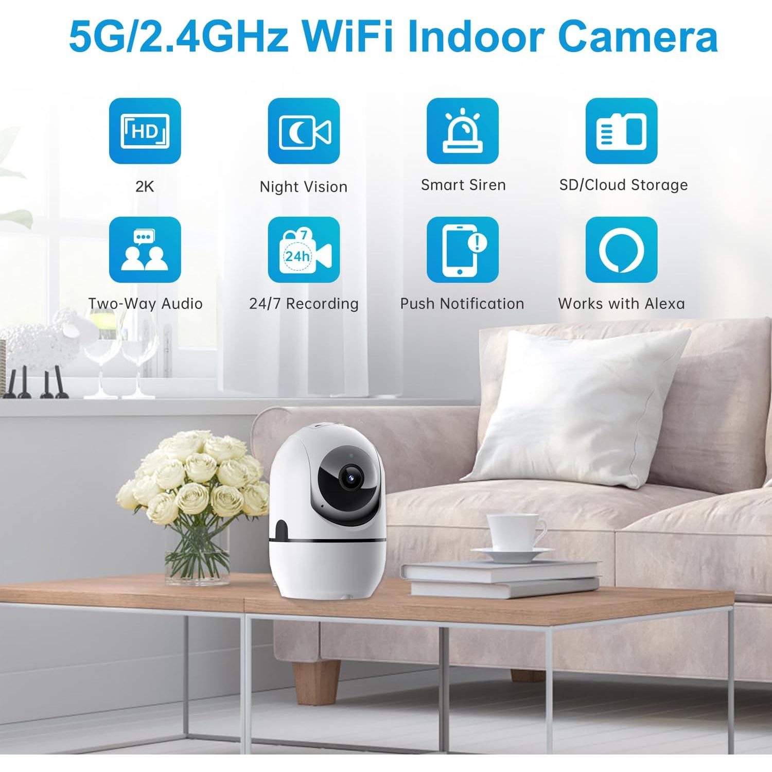 Indoor Security Camera, Pan/Tilt Baby Monitor/Dog/Pet Camera with Phone App Motion Sensor and Night Vision.