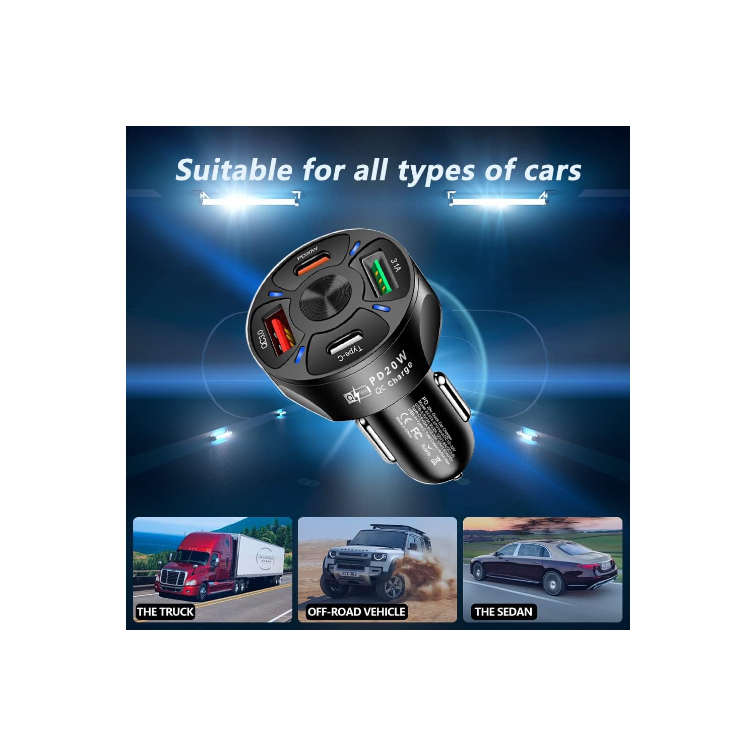 Car charger adapter, QC3.0 port USB fast car charger, smart diversion car mobile phone charger, black