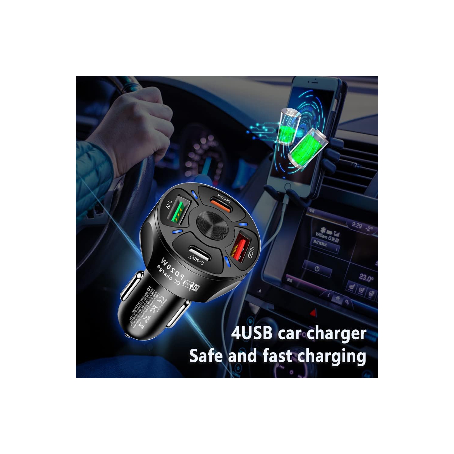 Car charger adapter, QC3.0 port USB fast car charger, smart diversion car mobile phone charger, black