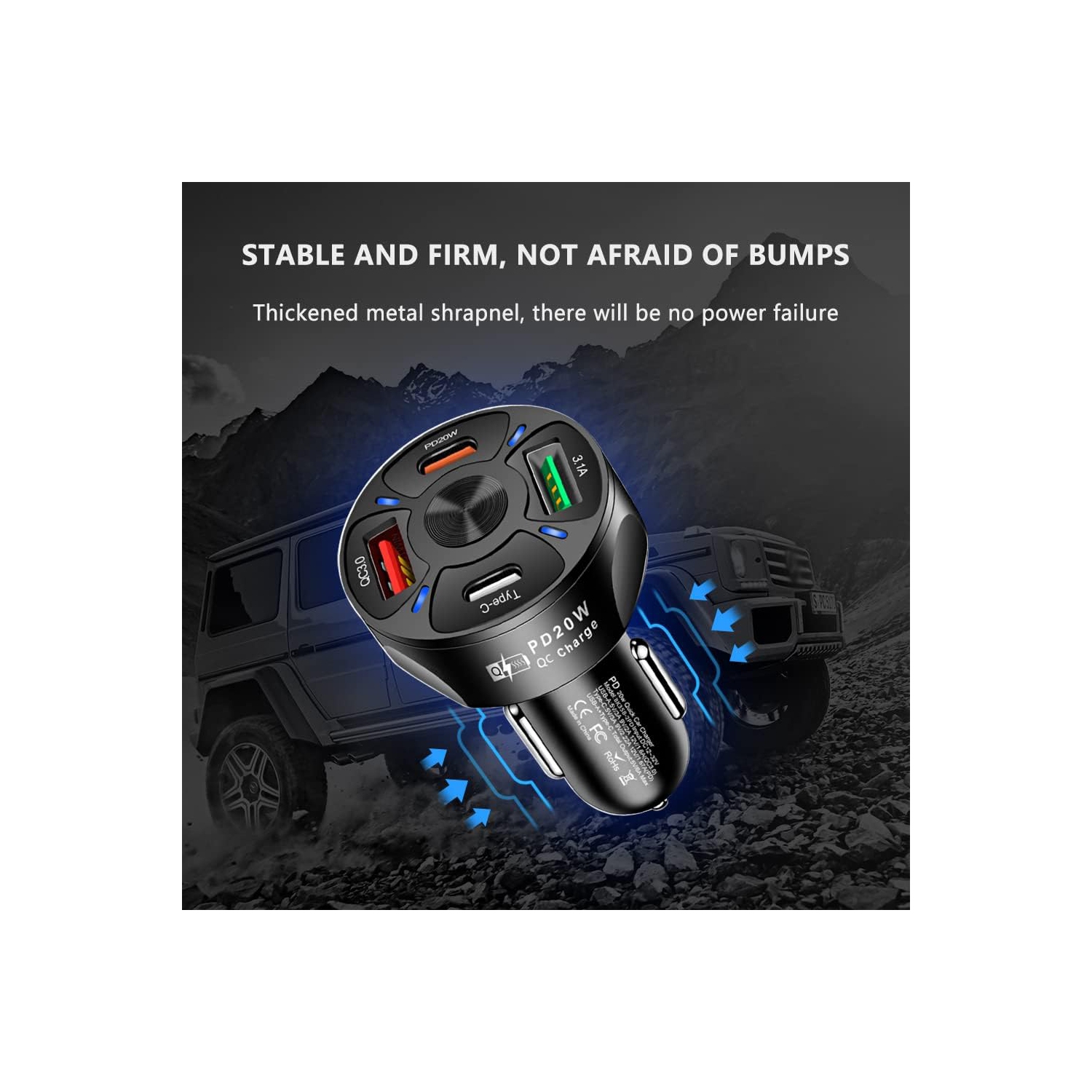 Car charger adapter, QC3.0 port USB fast car charger, smart diversion car mobile phone charger, black