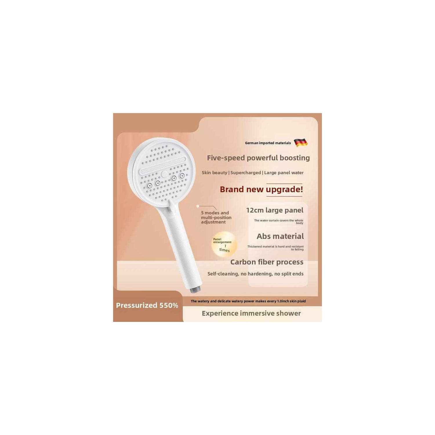 Cream wind booster shower head Yuba, shower bath pressurized faucet high pressure rain shower head set, five-speed adjustment, upgraded material,