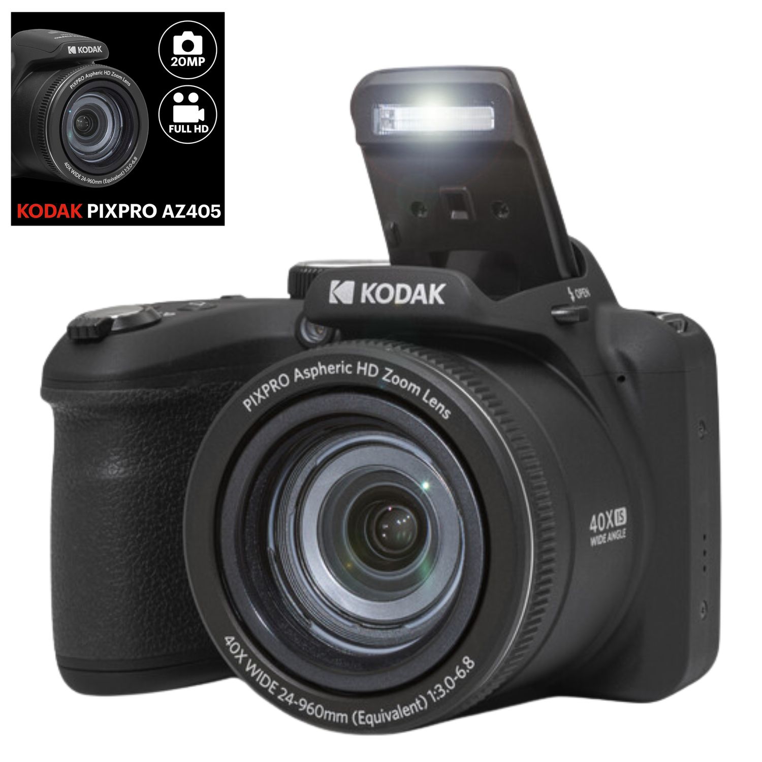Appareil photo numérique KODAK PIXPRO AZ405 Astro Zoom 20&nbsp;Mpx avec zoom optique 40x 24&nbsp;mm Vidéo HD intégrale 1080p grand-angle et carte