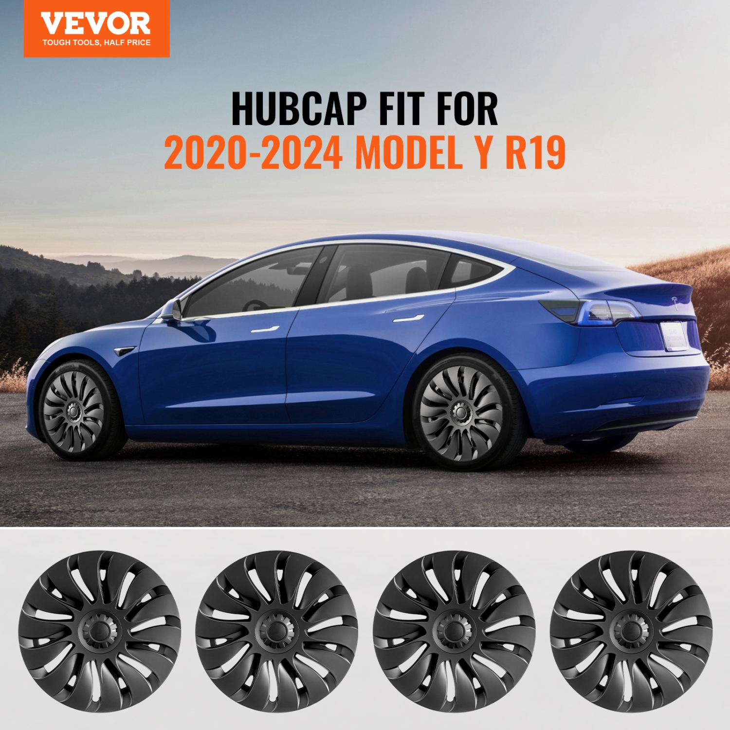 VEVOR 19 in Wheel Rim Cover Hubcaps, 2020-2024 Model Y Fully Fit Hubcap with Snap, Guard Tape & Valve Nozzle Hole, ABS & PC Hubcap with High Rigidity