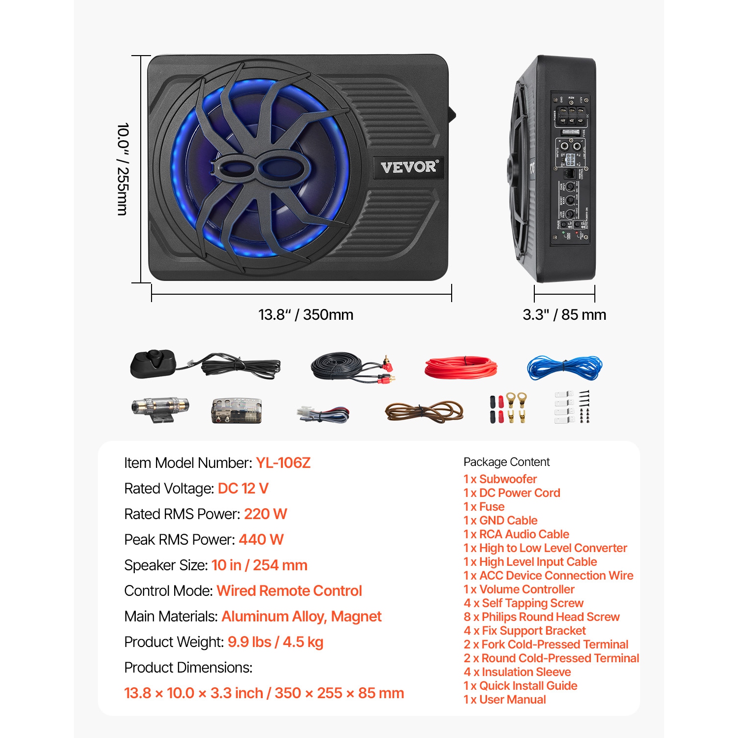 VEVOR 10" 440W Underseat Car Subwoofer, Slim Powered Car Subwoofers with Blue Ambient Light, Low Profile Audio Sub Under the Seat with Built-in