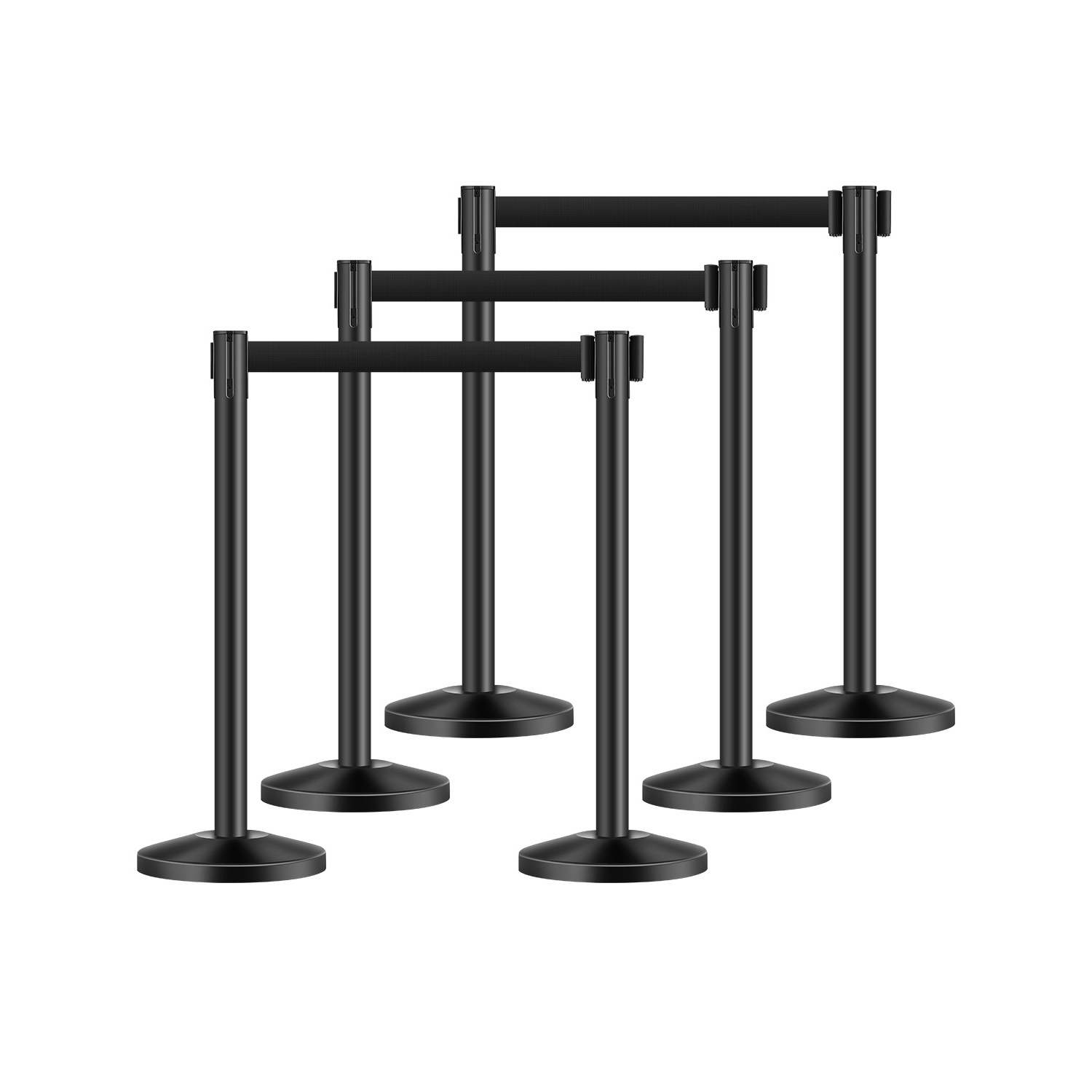 VEVOR 6 Pcs Stanchion Post, Crowd Control Barrier with 6 Retractable Belts, Carbon Steel Black Stanchion Post Queue with Sand Injection Hollow Base