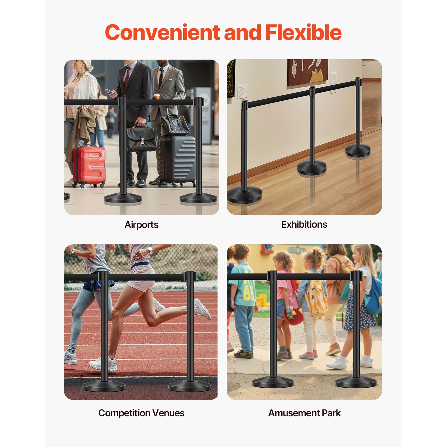 VEVOR 6 Pcs Stanchion Post, Crowd Control Barrier with 6 Retractable Belts, Carbon Steel Black Stanchion Post Queue with Sand Injection Hollow Base