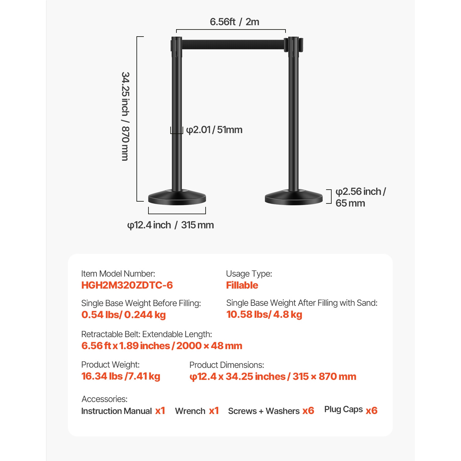 VEVOR 6 Pcs Stanchion Post, Crowd Control Barrier with 6 Retractable Belts, Carbon Steel Black Stanchion Post Queue with Sand Injection Hollow Base