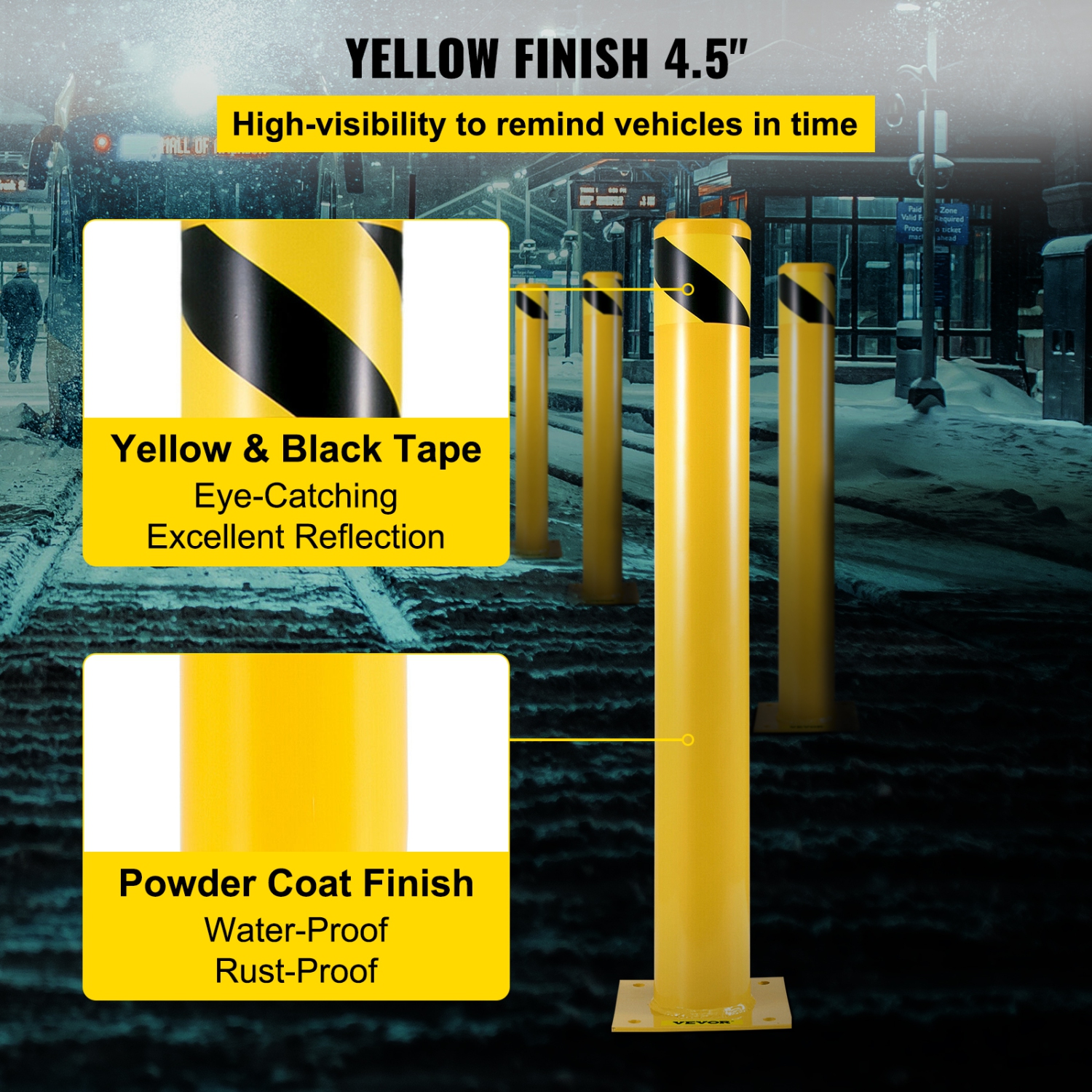 VEVOR 42-4.5 Safety Bollard, Safety Barrier Bollard 4-1/2" OD 42" Height Yellow Powder Coat Pipe Steel Safety Barrier with 4 Free Anchor Bolts for