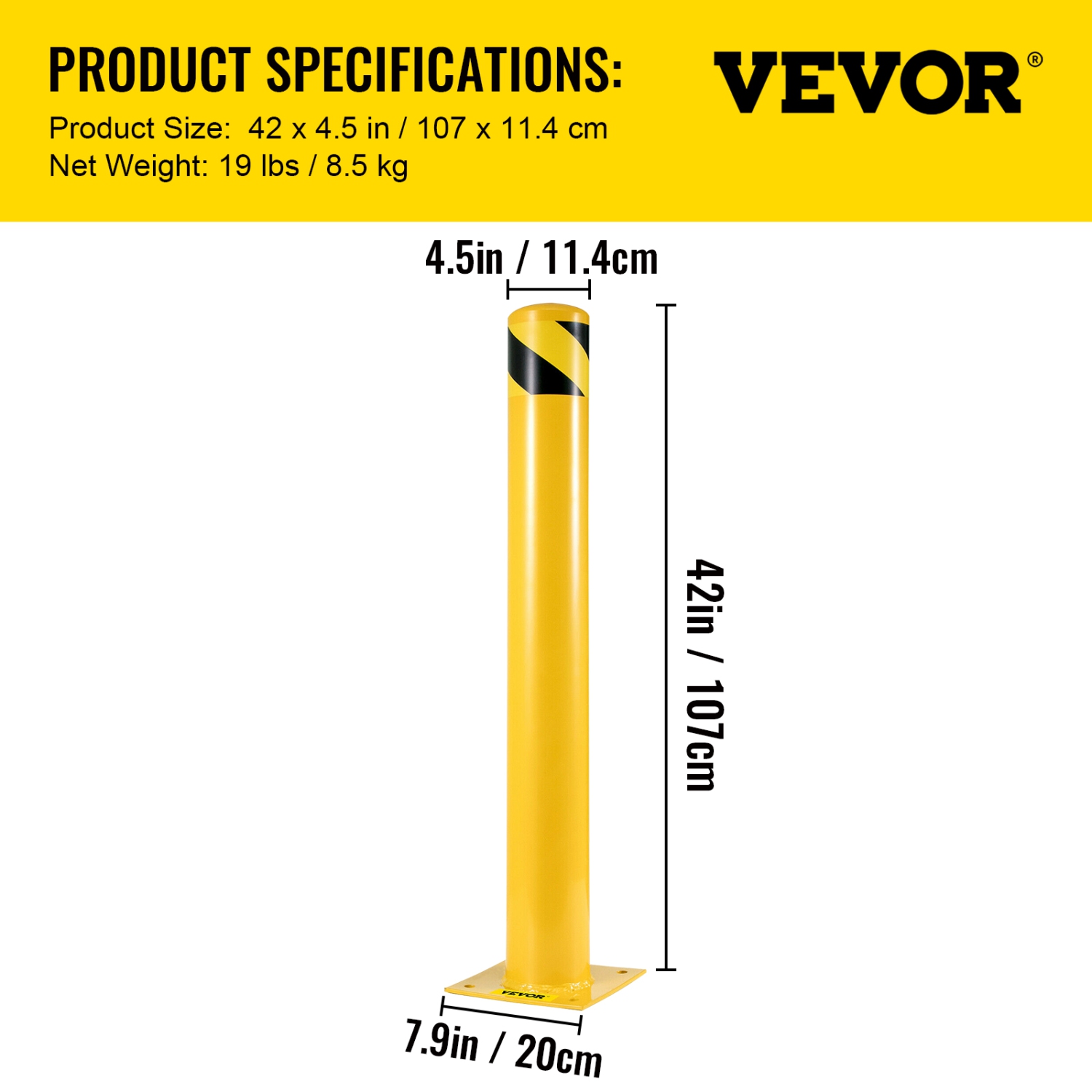 VEVOR 42-4.5 Safety Bollard, Safety Barrier Bollard 4-1/2" OD 42" Height Yellow Powder Coat Pipe Steel Safety Barrier with 4 Free Anchor Bolts for