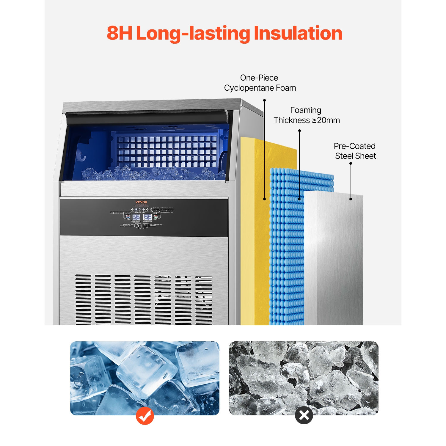 VEVOR 160lbs/24H Commercial Ice Maker Machine, with 66lbs Storage Capacity, 80 Ice Cubes in 15 Minutes, LED Digital Display Freestanding
