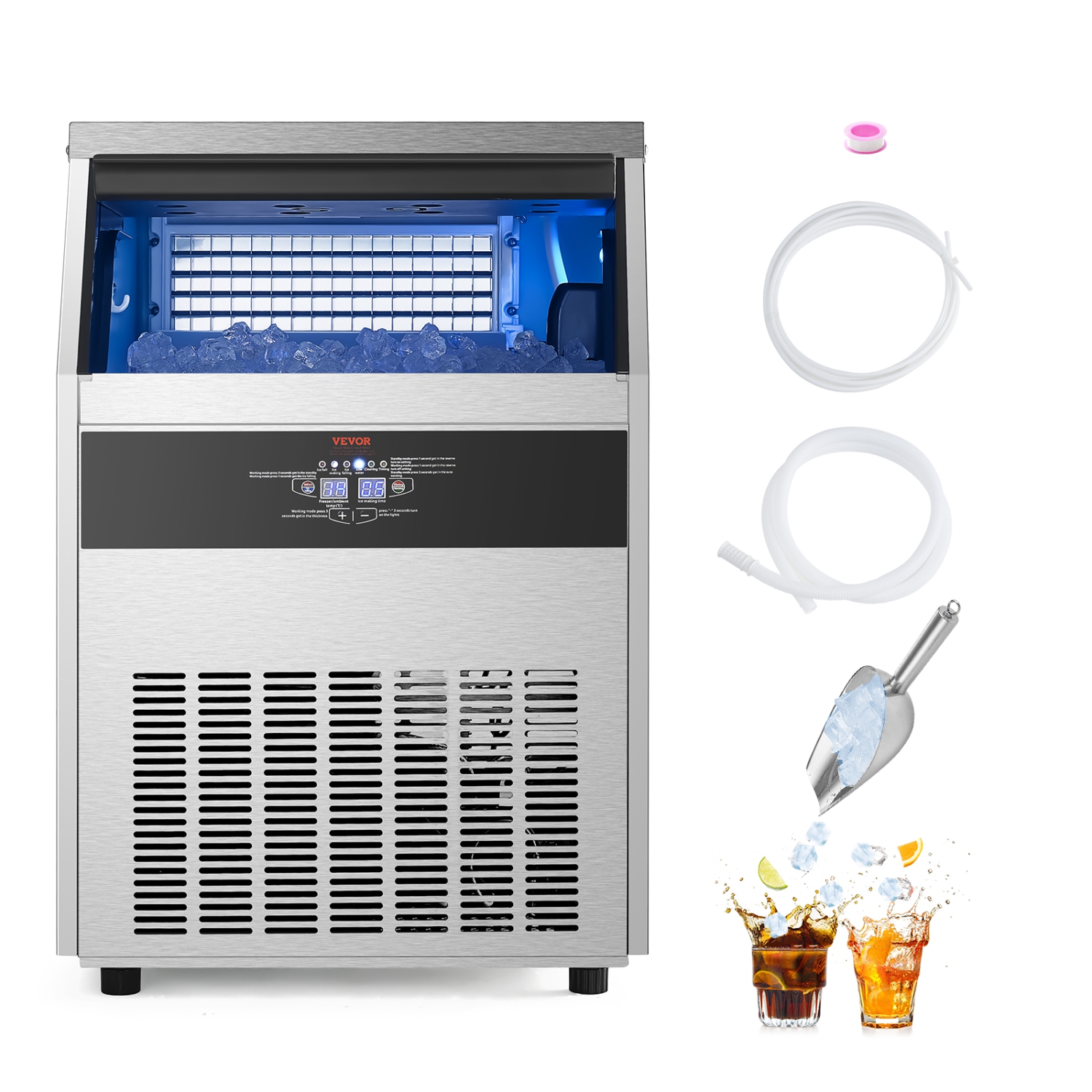VEVOR 160lbs/24H Commercial Ice Maker Machine, with 66lbs Storage Capacity, 80 Ice Cubes in 15 Minutes, LED Digital Display Freestanding