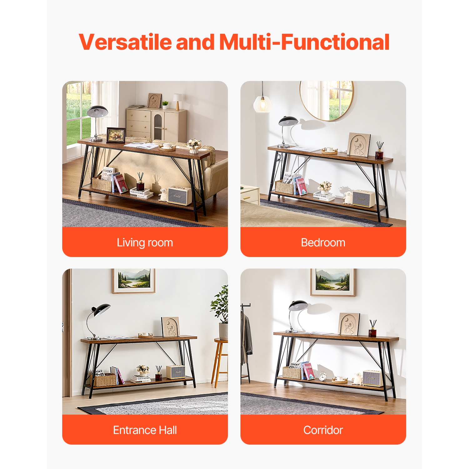 VEVOR 70.9 inches Narrow Console Sofa Table, Behind Couch Table, 2-Tier Long Entryway Table and Skinny Hallway Table, Narrow Sofa Table with Metal