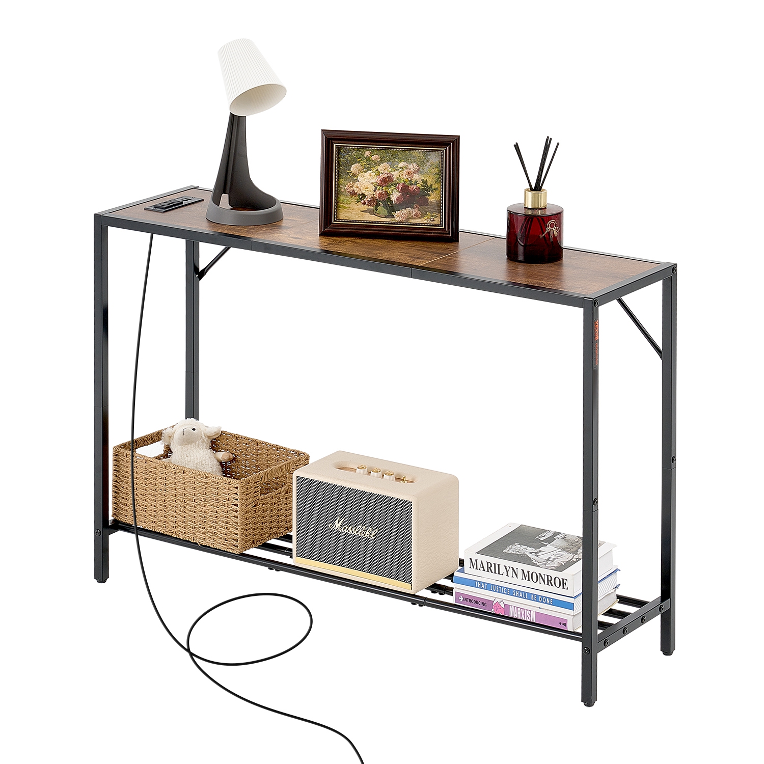 VEVOR 41.7" Narrow Console Table, Behind Couch Table with Power Outlets, 2-Tier Long Entryway Table, Sofa Table with Metal Frame and Charge Station,
