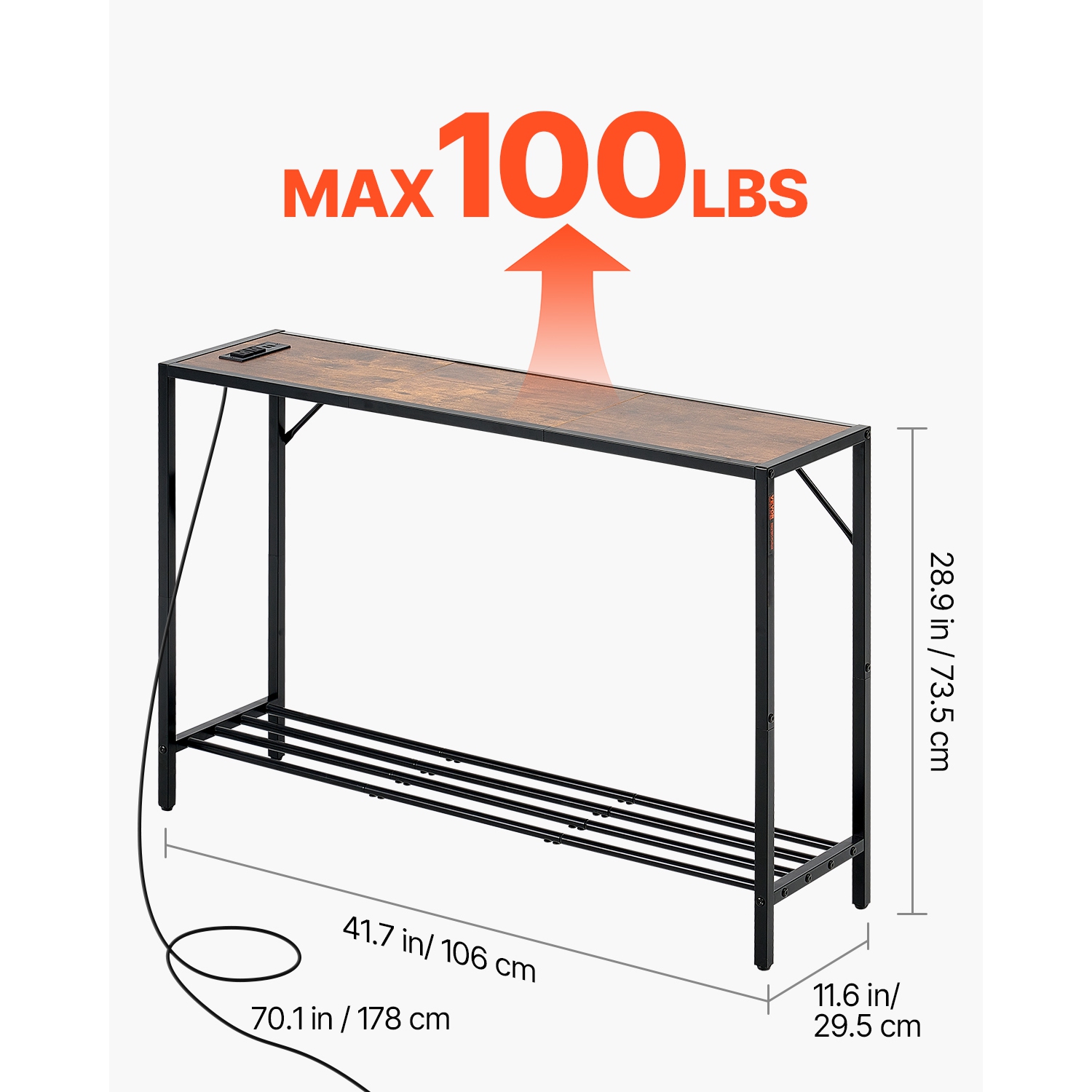 VEVOR 41.7" Narrow Console Table, Behind Couch Table with Power Outlets, 2-Tier Long Entryway Table, Sofa Table with Metal Frame and Charge Station,