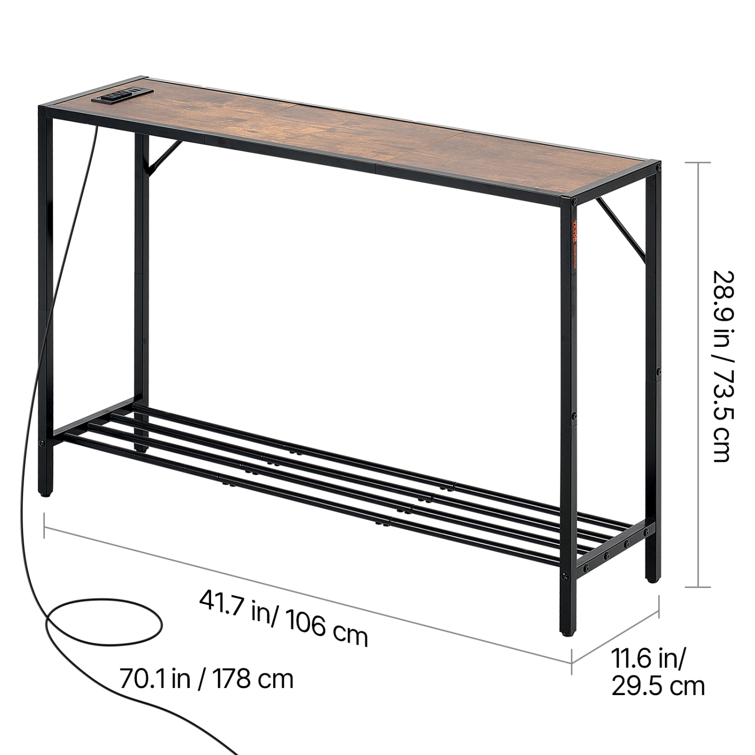 VEVOR 41.7" Narrow Console Table, Behind Couch Table with Power Outlets, 2-Tier Long Entryway Table, Sofa Table with Metal Frame and Charge Station,