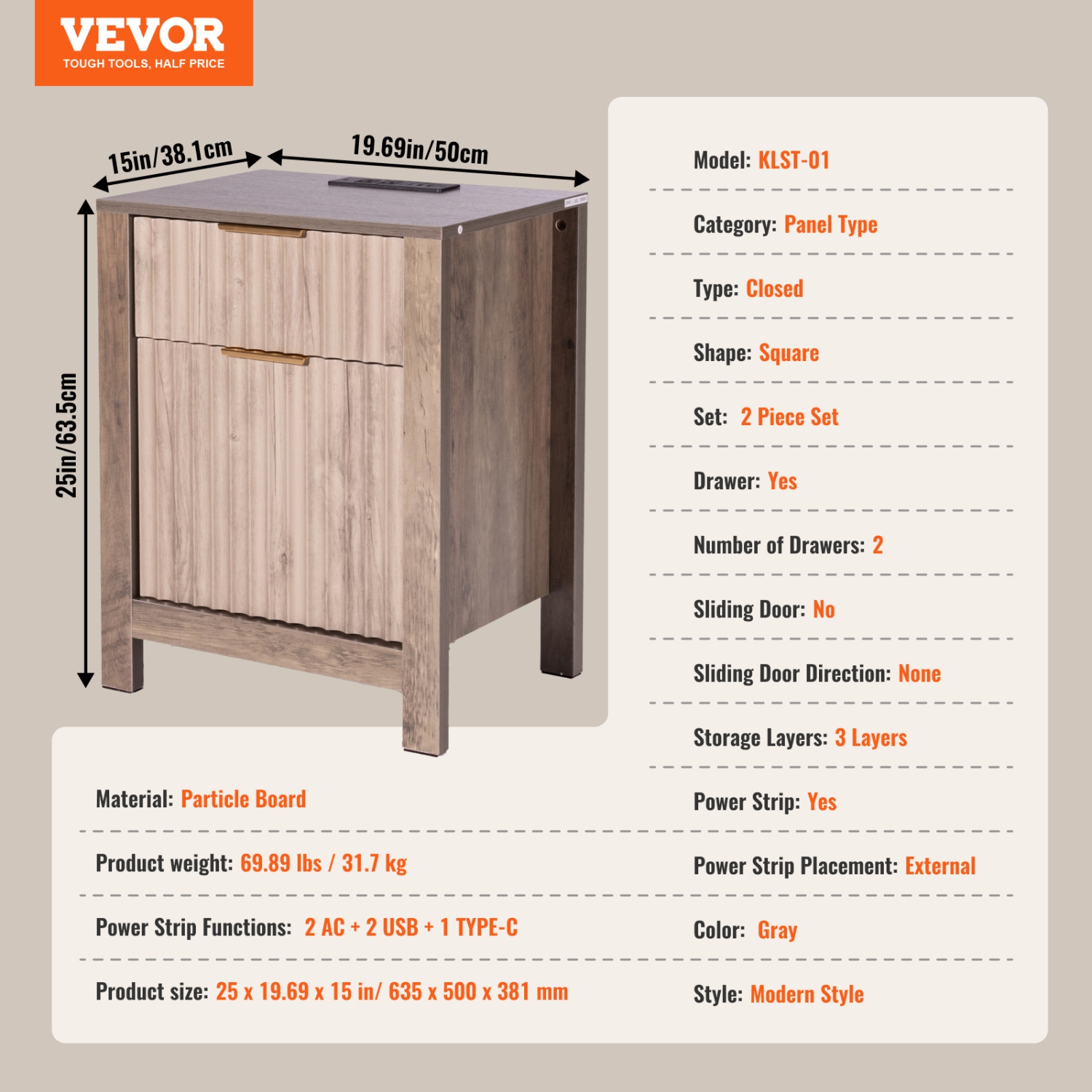 VEVOR Set of 2 Farmhouse End Table, Nightstand with Charging Station, 3 Tiers Side Table with Storage Cabinet and 2 Drawers, Side Table with USB