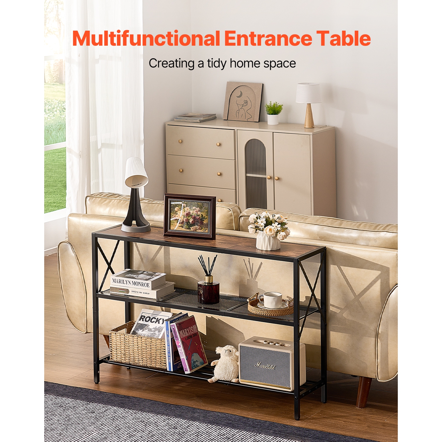 VEVOR 41.7 inches Narrow Console Sofa Table, Behind Couch Table, 3-Tier Long Entryway Table and Skinny Hallway Table, Narrow Sofa Table with Metal