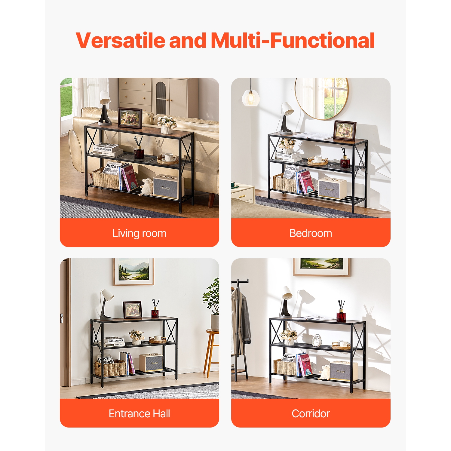 VEVOR 41.7 inches Narrow Console Sofa Table, Behind Couch Table, 3-Tier Long Entryway Table and Skinny Hallway Table, Narrow Sofa Table with Metal