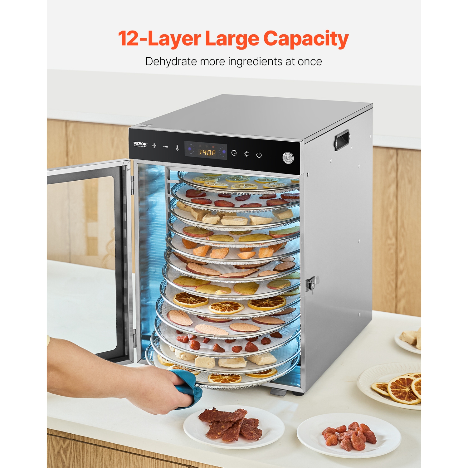 VEVOR 800W Rotary Food Dehydrator Machine, 12 Stainless Steel Trays,with Adjustable Temperature & 24-Hour Timer, Freeze Dryer for Jerky, Meat, Fruit,