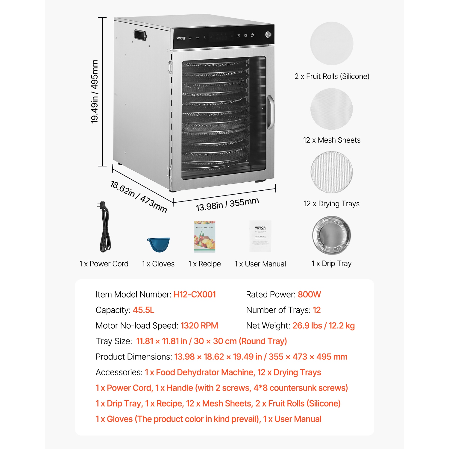 VEVOR 800W Rotary Food Dehydrator Machine, 12 Stainless Steel Trays,with Adjustable Temperature & 24-Hour Timer, Freeze Dryer for Jerky, Meat, Fruit,