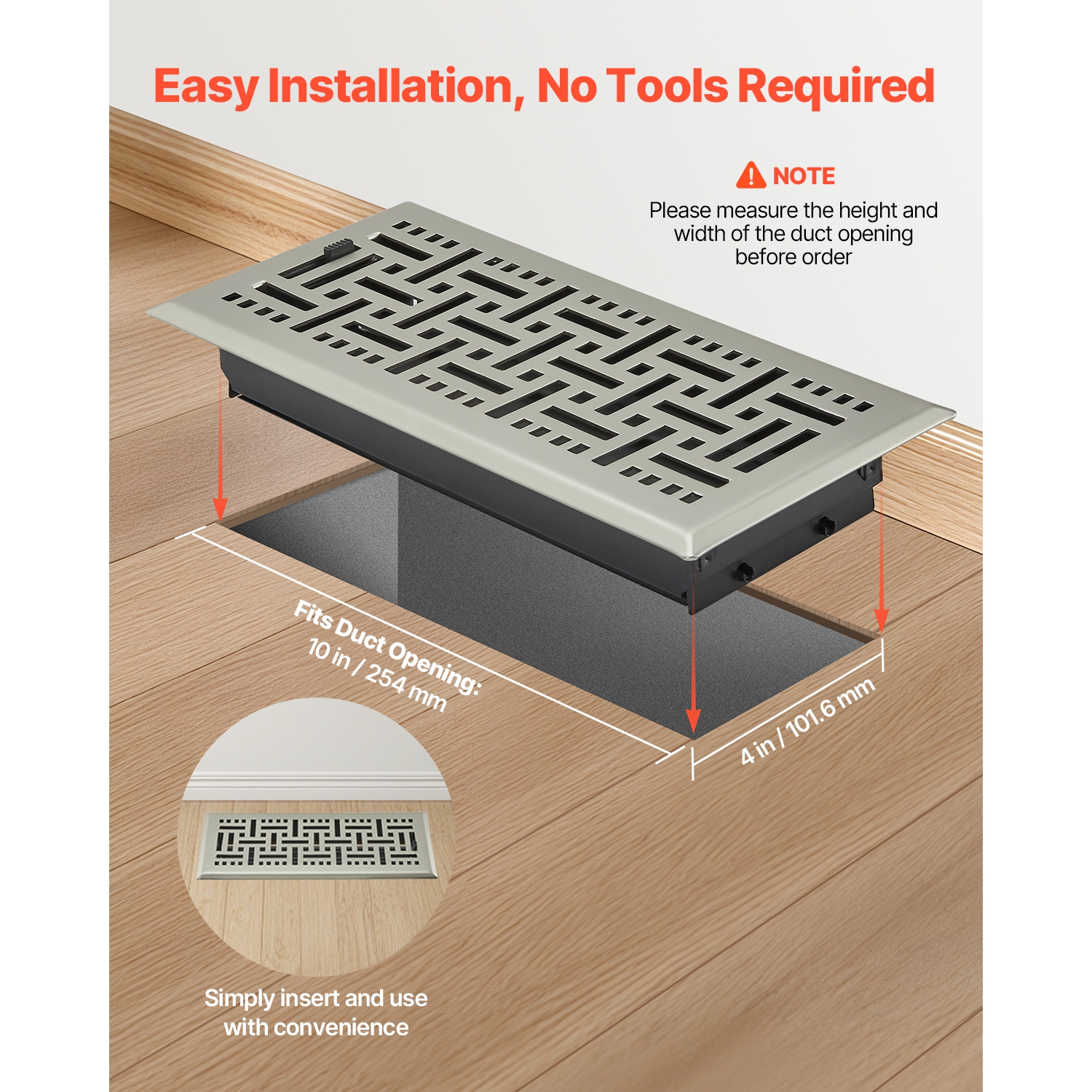 VEVOR 4 x 10 Inch Floor Registers, 2-Pack Vent Grilles, HVAC Heavy-Duty Walkable Iron Floor Vents, Easily Adjustable Rust-Proof Air Vents Deflector