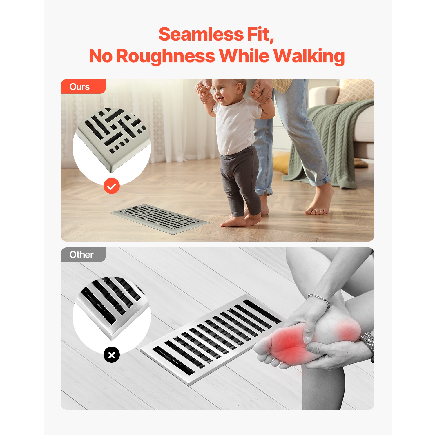 VEVOR 4 x 10 Inch Floor Registers, 2-Pack Vent Grilles, HVAC Heavy-Duty Walkable Iron Floor Vents, Easily Adjustable Rust-Proof Air Vents Deflector