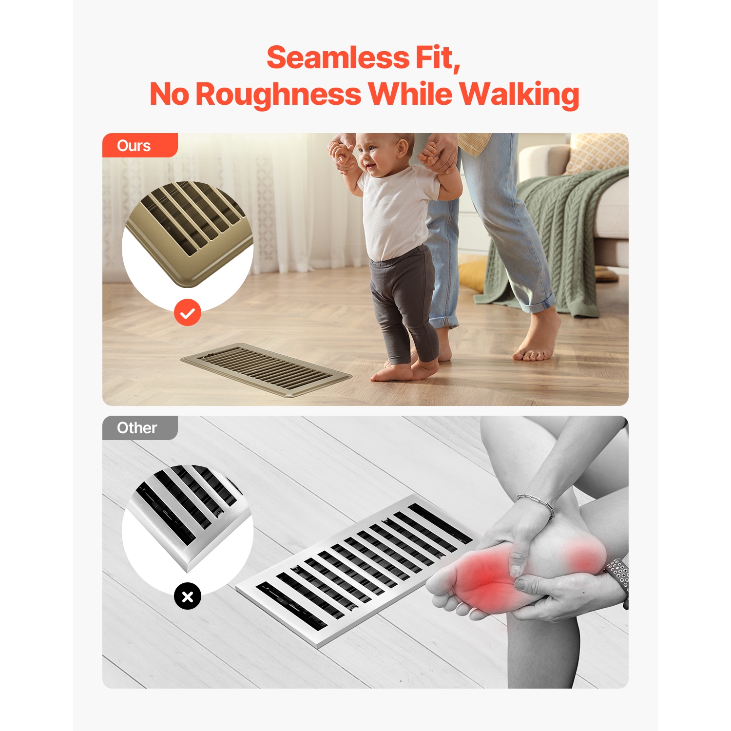 VEVOR 4 x 10 Inch Floor Registers, 6-Pack Vent Grilles, HVAC Heavy-Duty Walkable Iron Floor Vents, Easily Adjustable Rust-Proof Air Vents Deflector