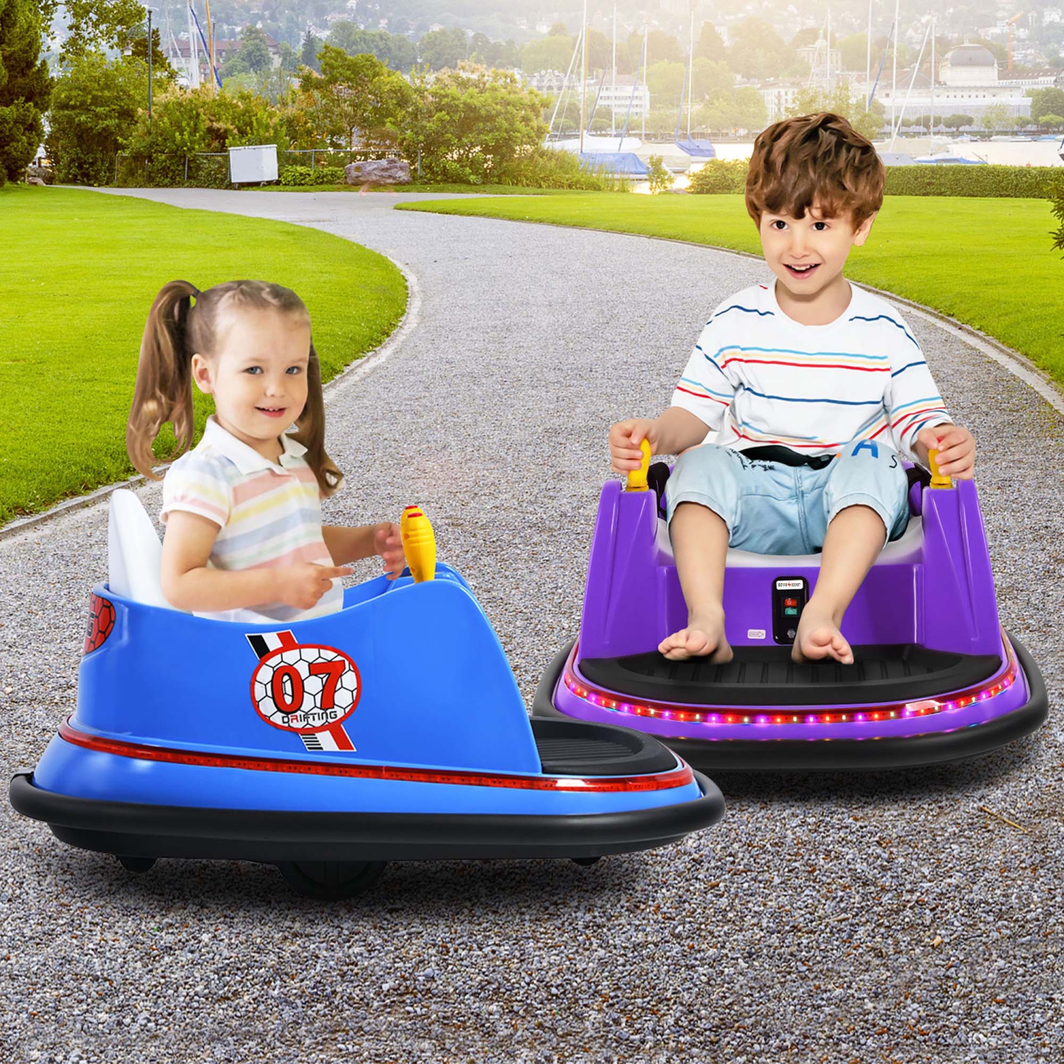 Jouet de course à 360° 12&nbsp;V de Costway pour enfants avec voiture pare-chocs et télécommande violet/rose/rouge/bleu