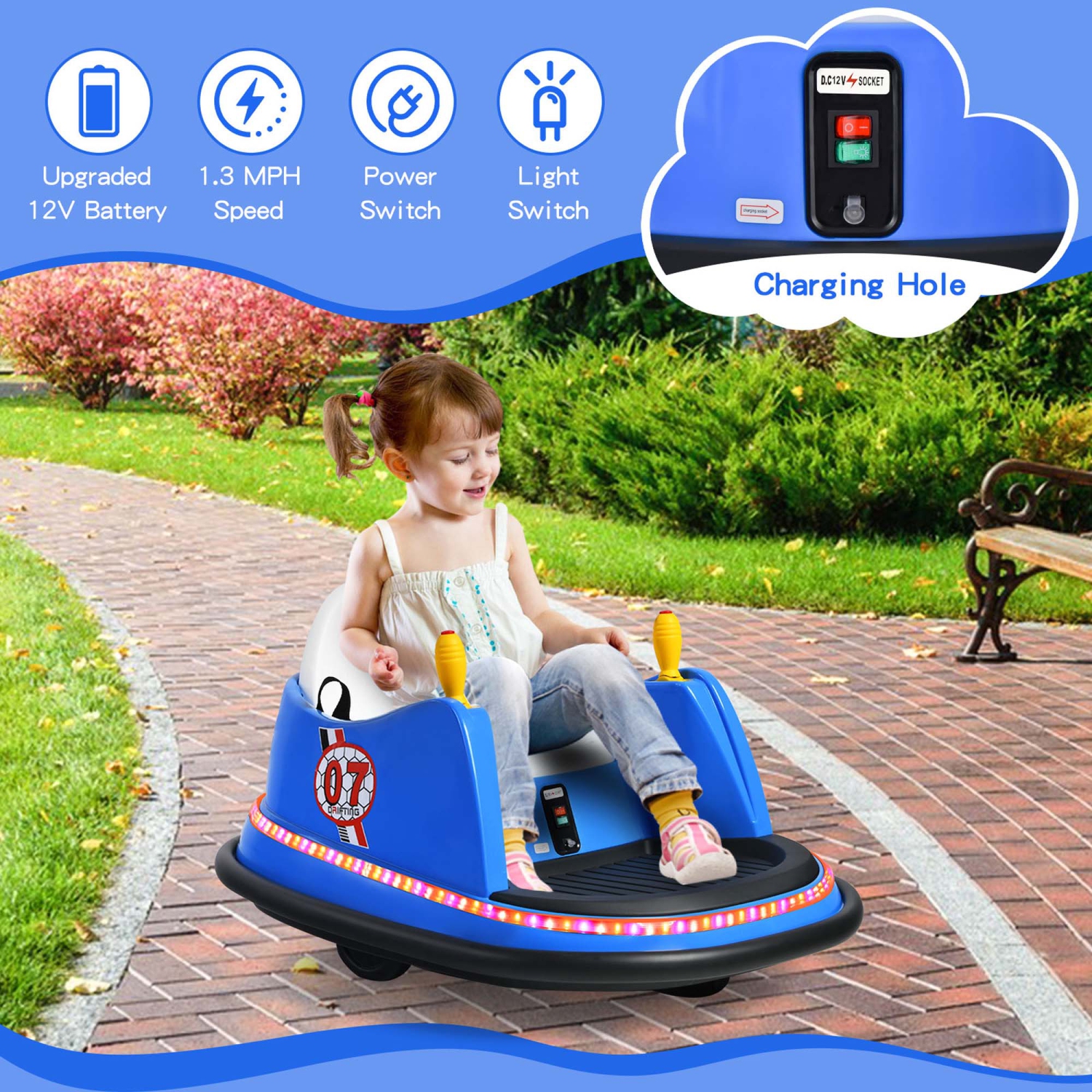Jouet de course à 360° 12&nbsp;V de Costway pour enfants avec voiture pare-chocs et télécommande violet/rose/rouge/bleu