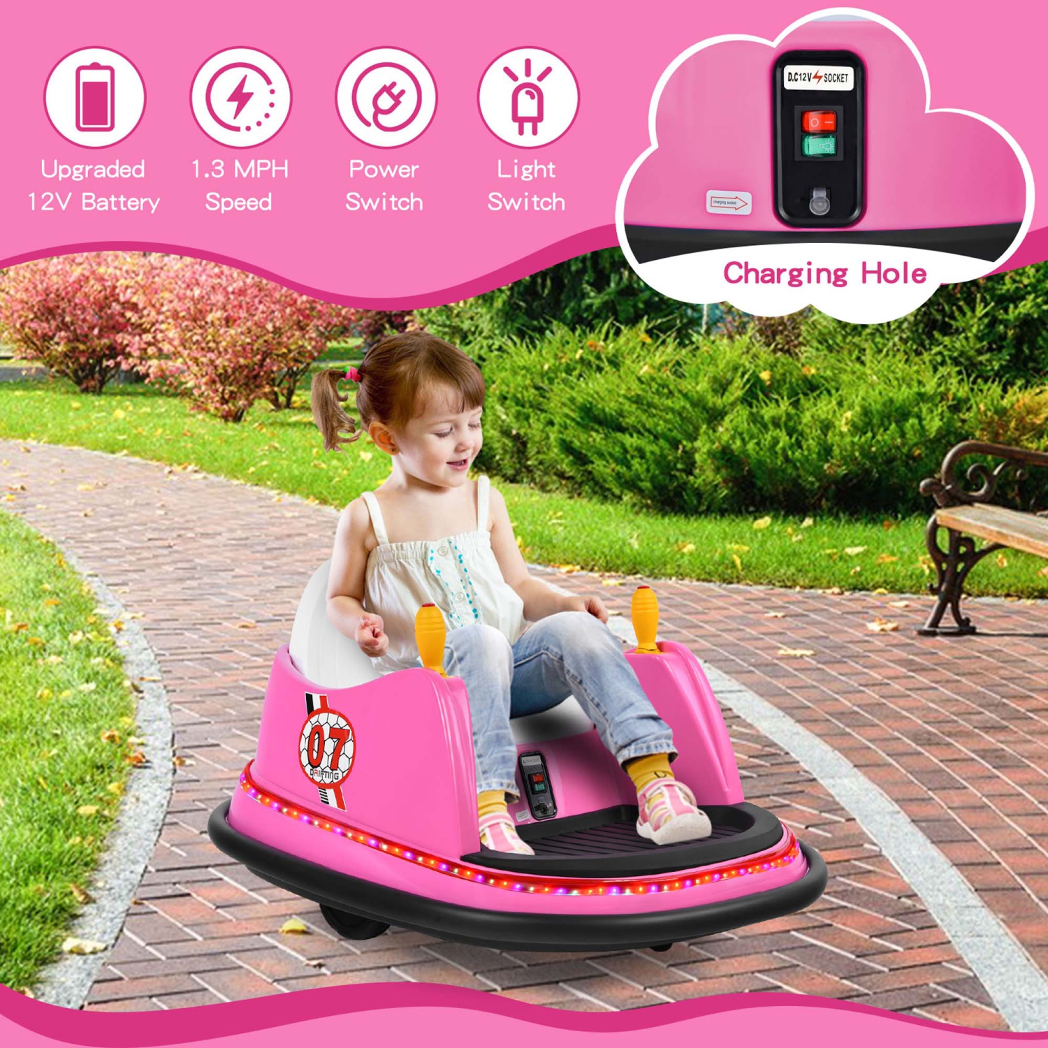 Jouet de course à 360° 12&nbsp;V de Costway pour enfants avec voiture pare-chocs et télécommande violet/rose/rouge/bleu