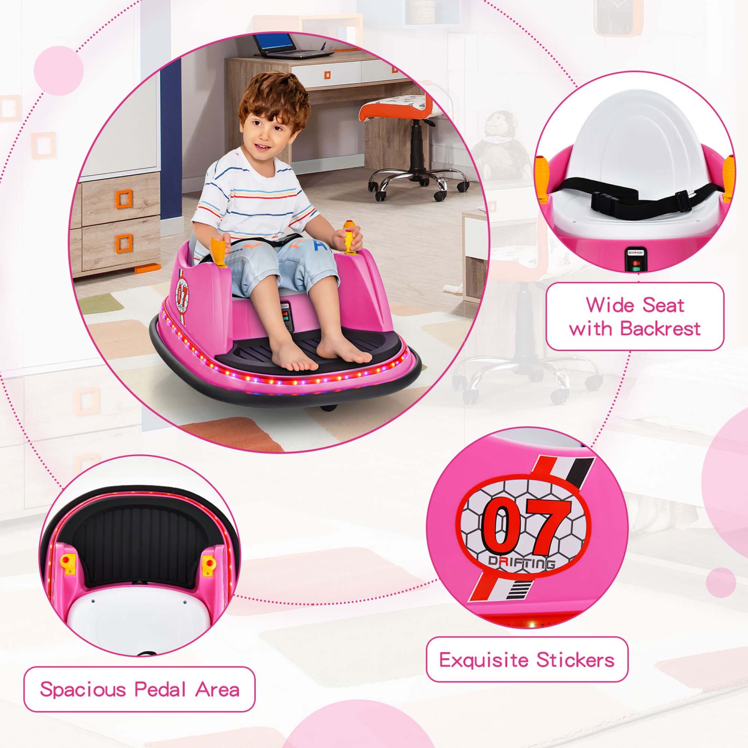 Jouet de course à 360° 12&nbsp;V de Costway pour enfants avec voiture pare-chocs et télécommande violet/rose/rouge/bleu