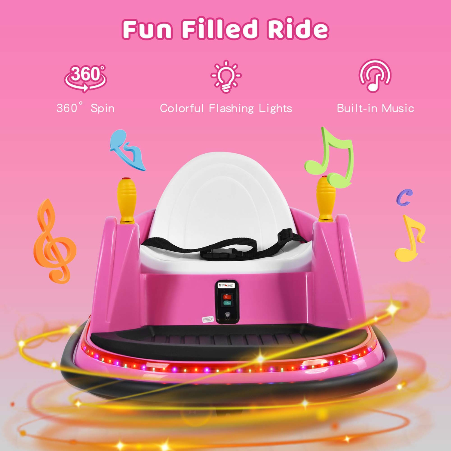 Jouet de course à 360° 12&nbsp;V de Costway pour enfants avec voiture pare-chocs et télécommande violet/rose/rouge/bleu