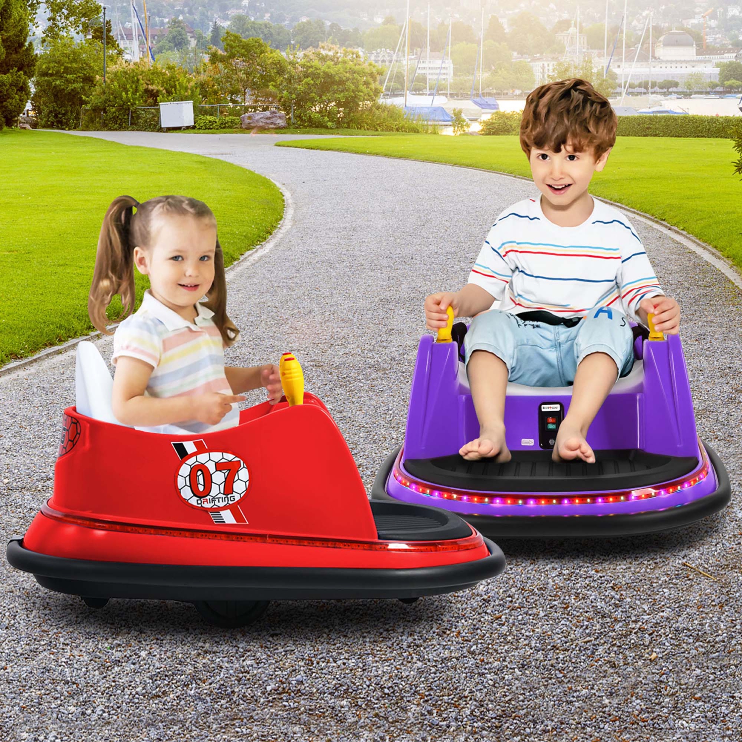 Jouet de course à 360° 12&nbsp;V de Costway pour enfants avec voiture pare-chocs et télécommande violet/rose/rouge/bleu