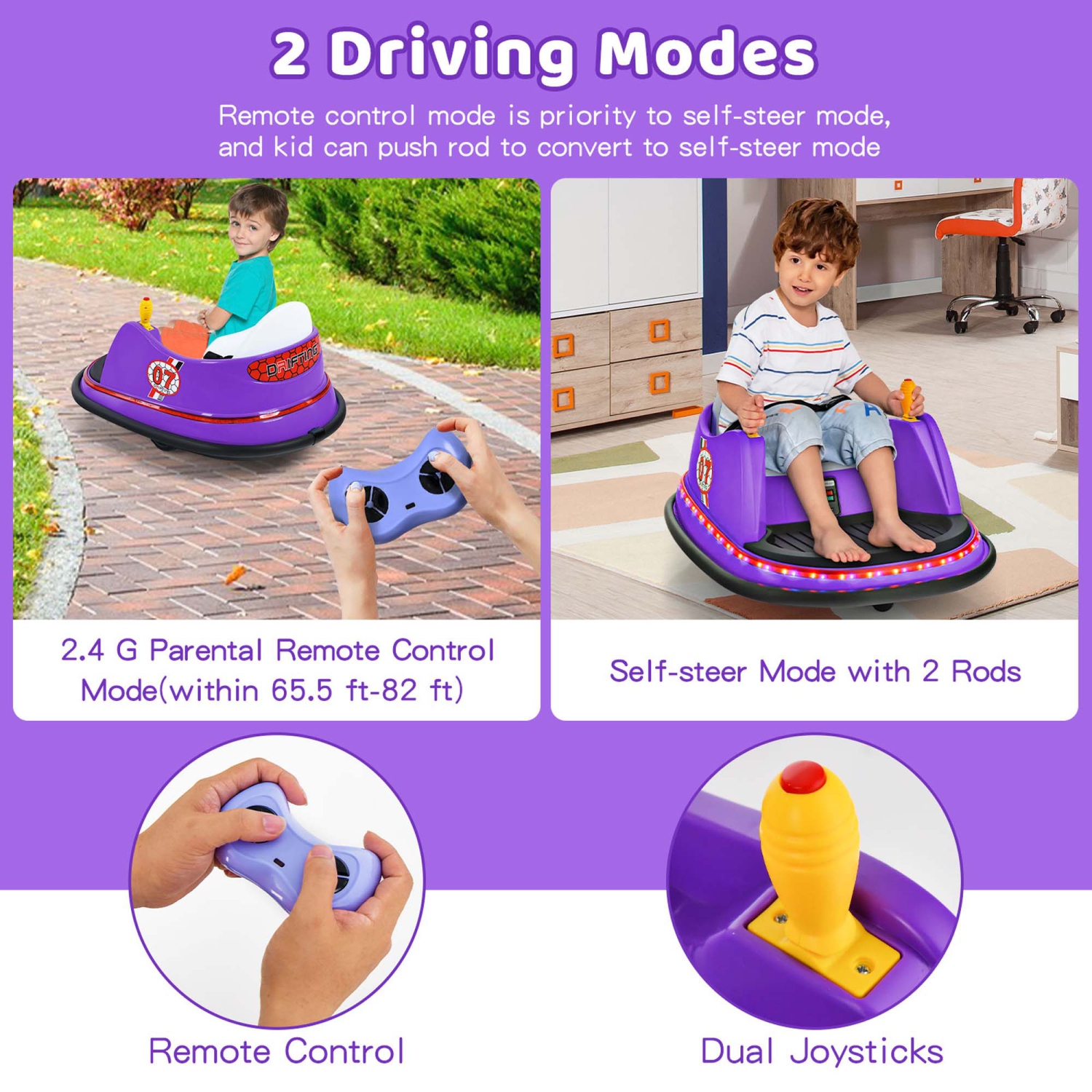Jouet de course à 360° 12&nbsp;V de Costway pour enfants avec voiture pare-chocs et télécommande violet/rose/rouge/bleu