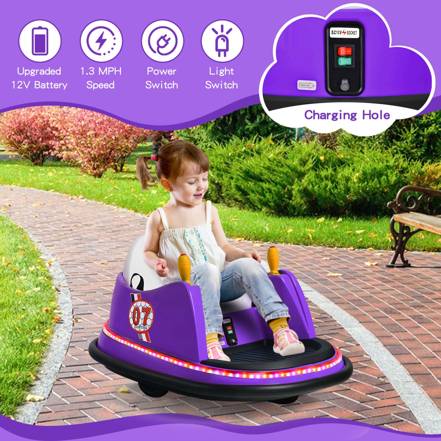 Jouet de course à 360° 12&nbsp;V de Costway pour enfants avec voiture pare-chocs et télécommande violet/rose/rouge/bleu
