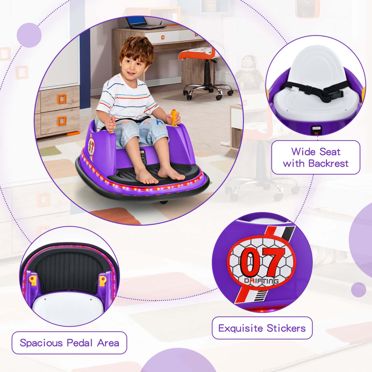 Jouet de course à 360° 12&nbsp;V de Costway pour enfants avec voiture pare-chocs et télécommande violet/rose/rouge/bleu