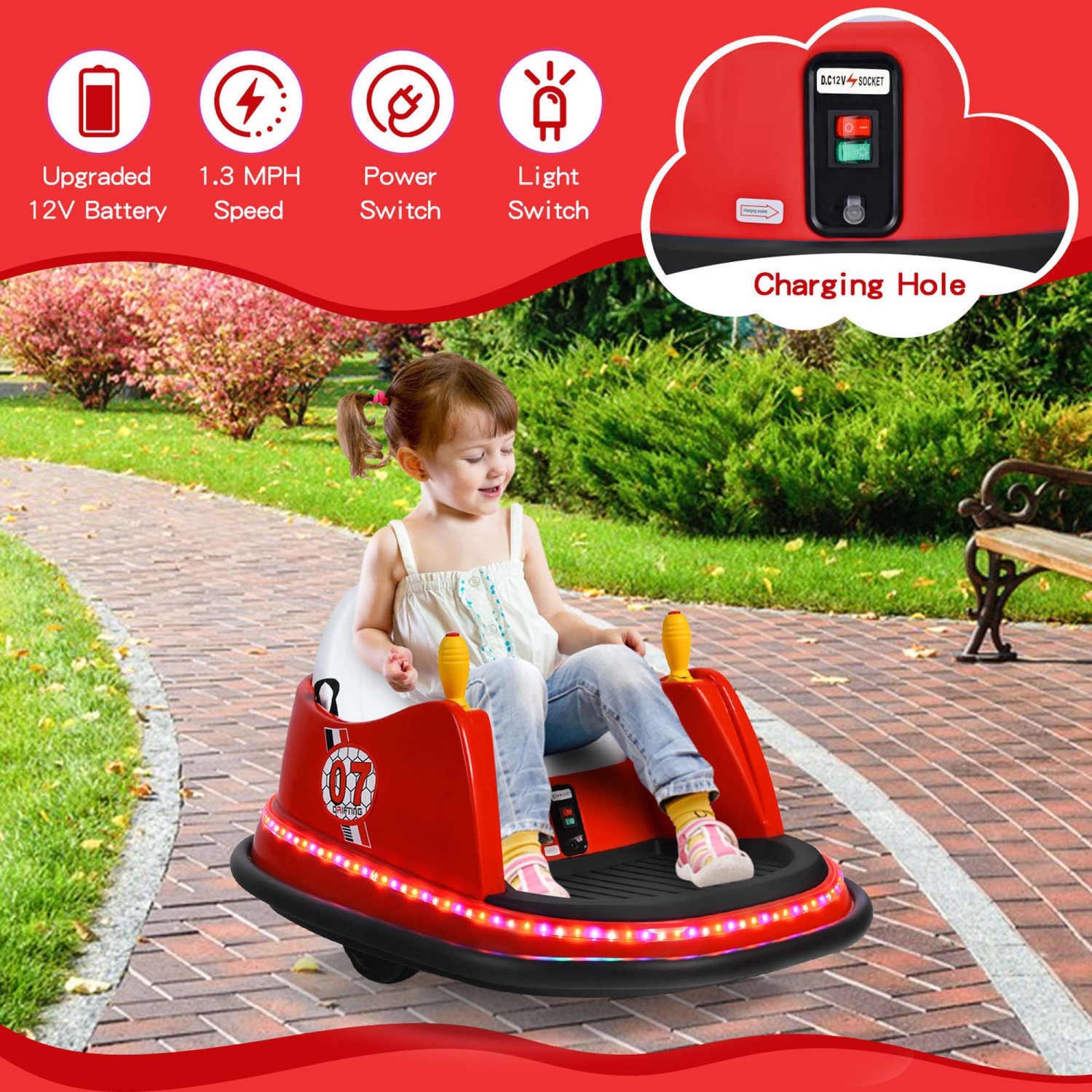Jouet de course à 360° 12&nbsp;V de Costway pour enfants avec voiture pare-chocs et télécommande violet/rose/rouge/bleu