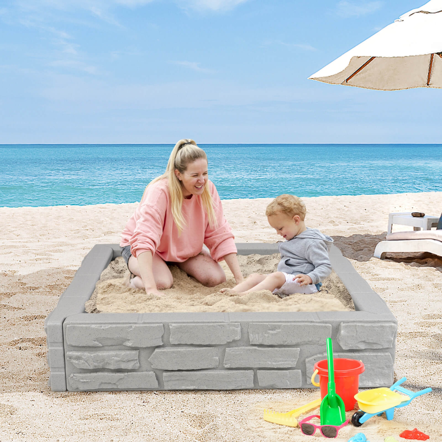 Bac à sable pour enfants avec doublure inférieure de Costway Backyard Beach HDPE Sandpit pour le jeu en plein air