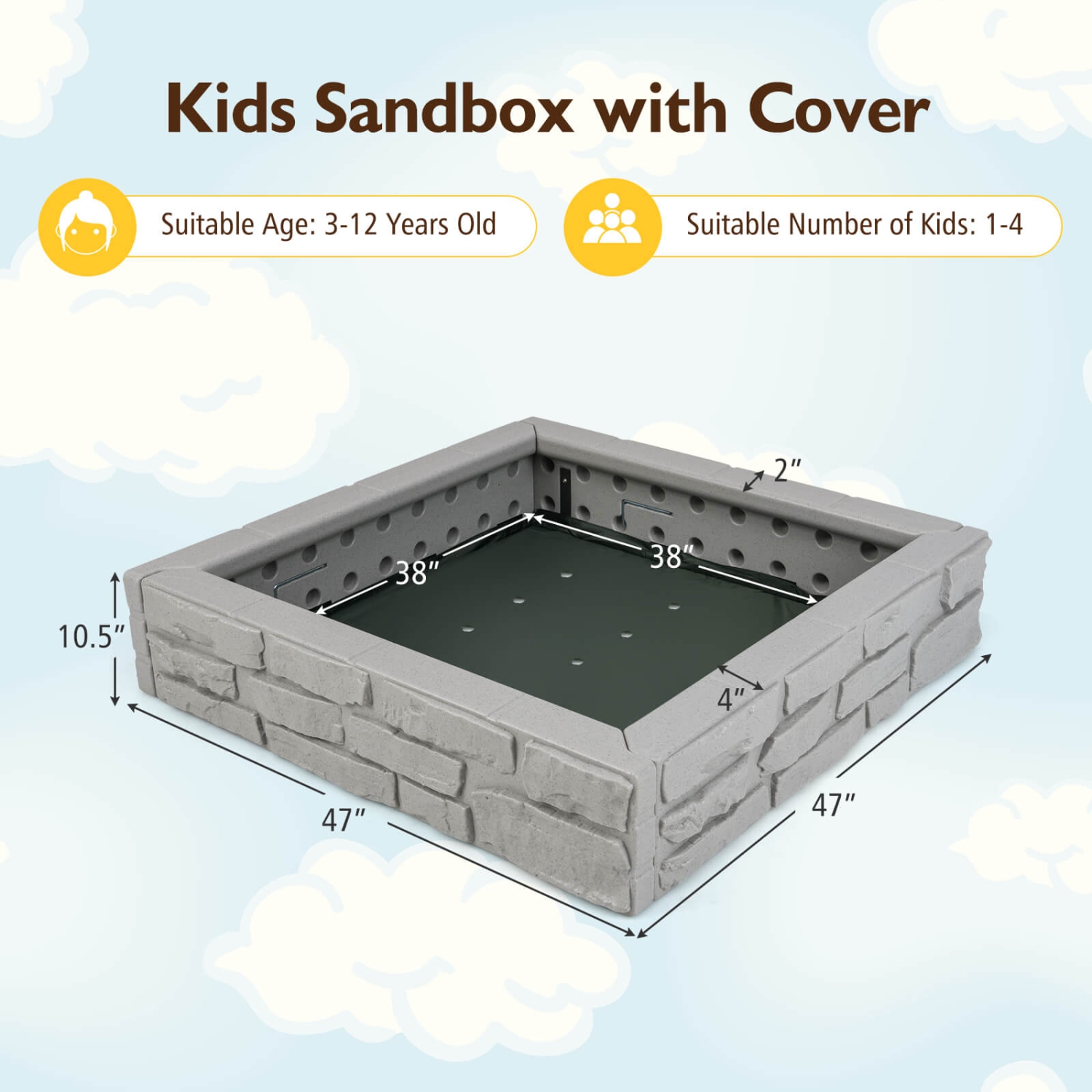 Bac à sable pour enfants avec doublure inférieure de Costway Backyard Beach HDPE Sandpit pour le jeu en plein air