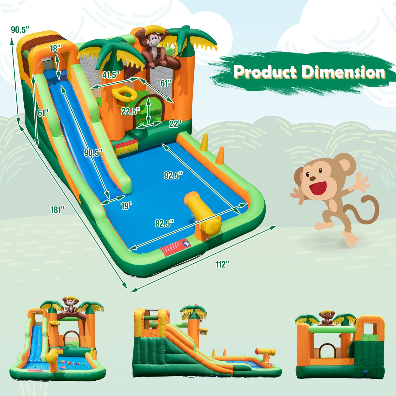 Costway Inflatable Water Slide Park Monkey Bounce House Splash Pool with 735W Blower