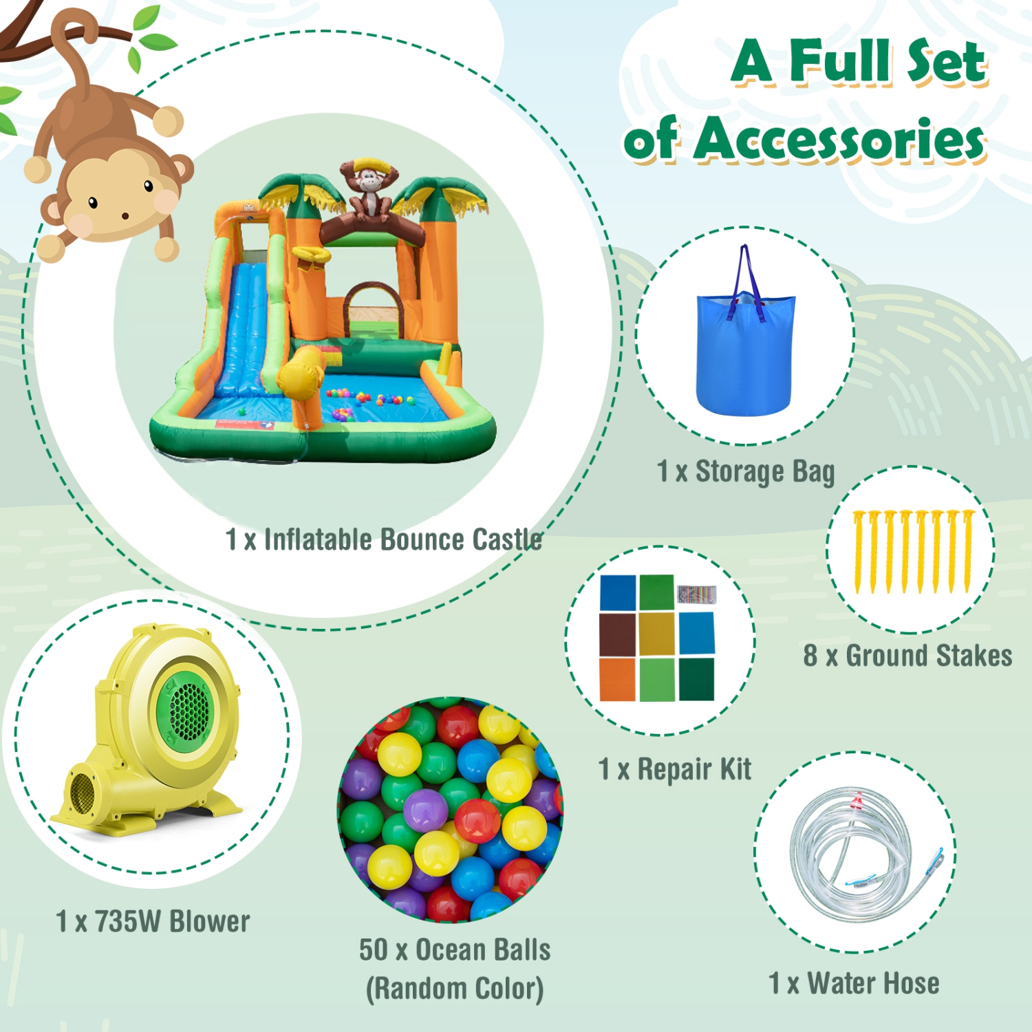 Costway Inflatable Water Slide Park Monkey Bounce House Splash Pool with 735W Blower