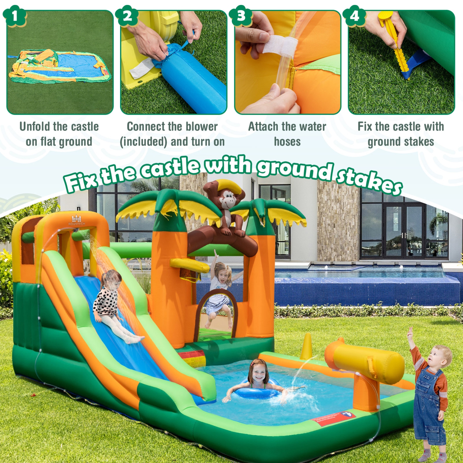 Costway Inflatable Water Slide Park Monkey Bounce House Splash Pool with 735W Blower