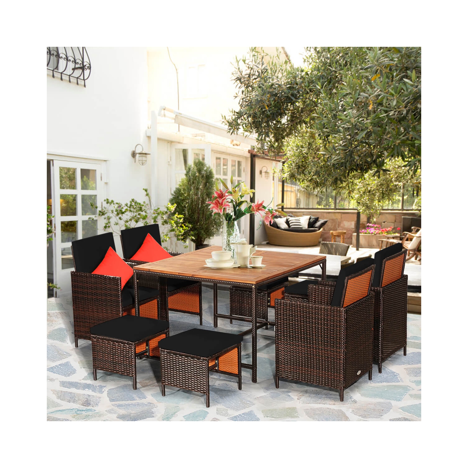 Ensemble de patio en rotin de Costway 9 pièces Chaises coussinées Pouf Table Dessus de table en bois