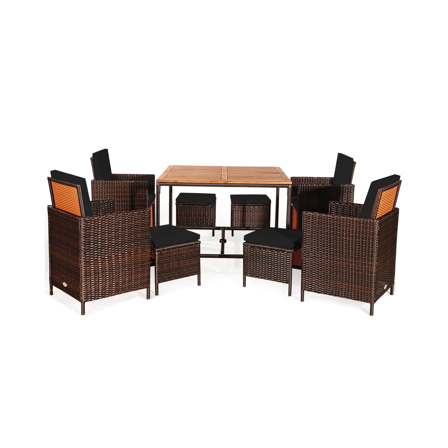 Ensemble de patio en rotin de Costway 9 pièces Chaises coussinées Pouf Table Dessus de table en bois